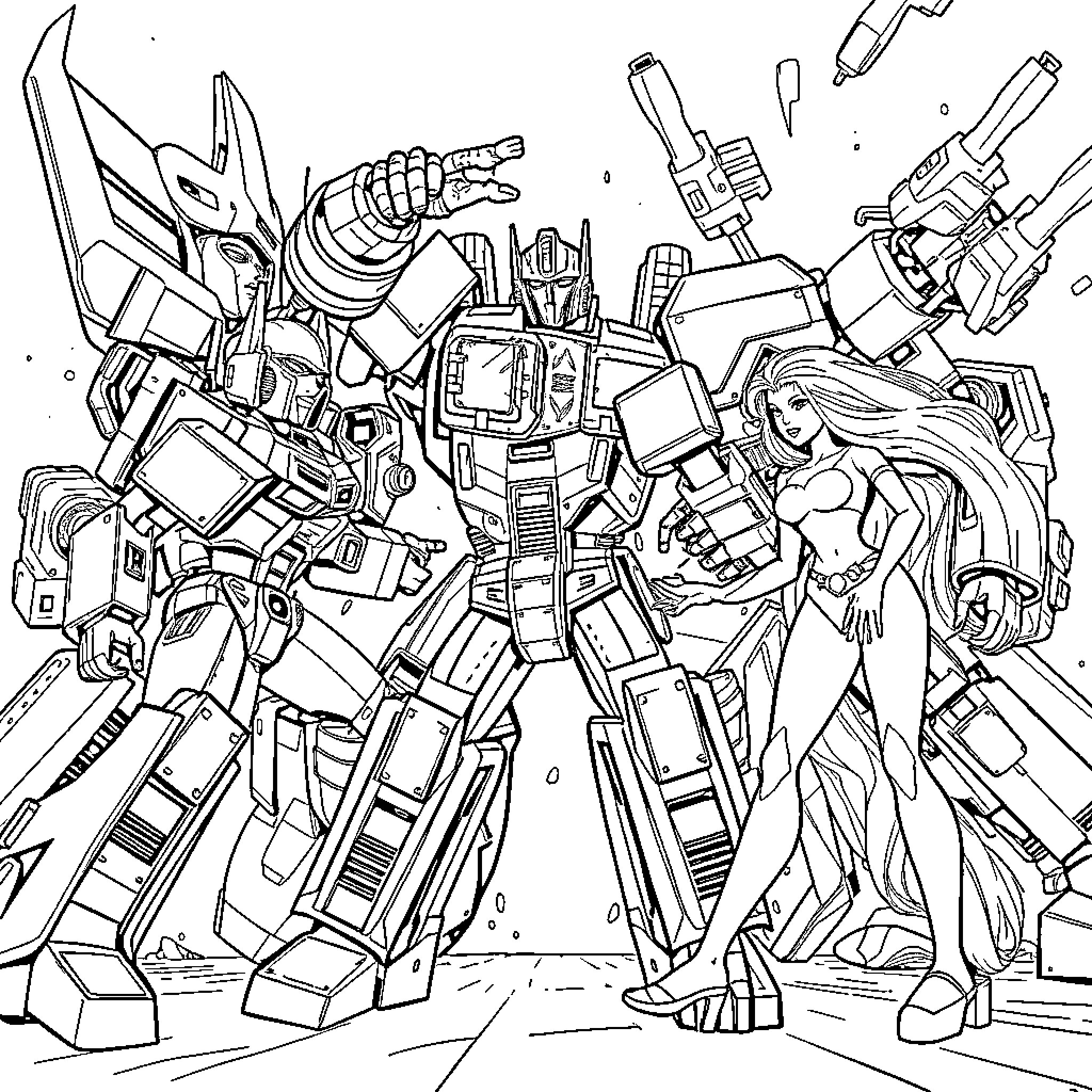 Transformer robot in intense battle formation Coloring Page (free black-and-white line drawing printable PDF for all, from beginners to advanced learners, including children, teens, adults, and seniors)