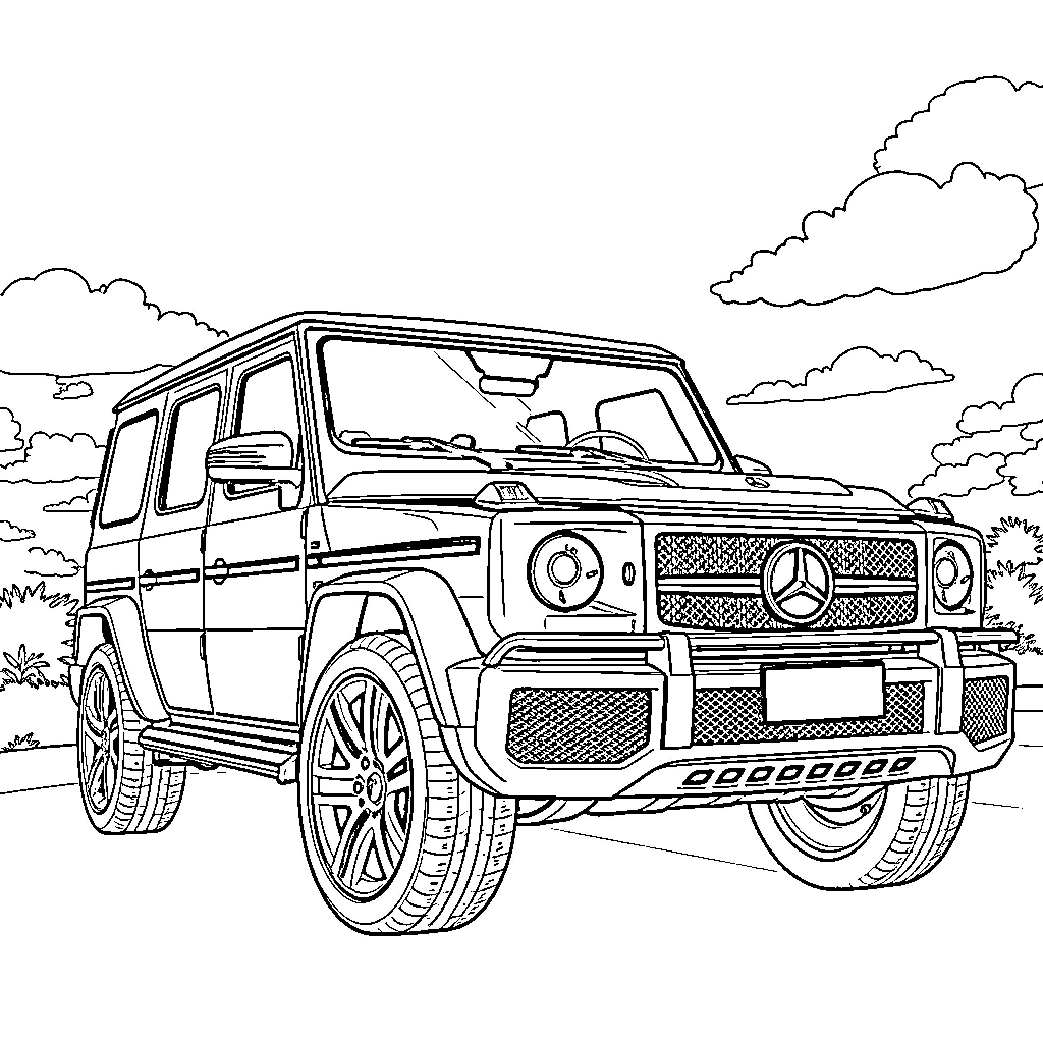 Mercedes SUV on the road with clouds in the sky Coloring Page (free black-and-white line drawing printable PDF for all, from beginners to advanced learners, including children, teens, adults, and seniors)
