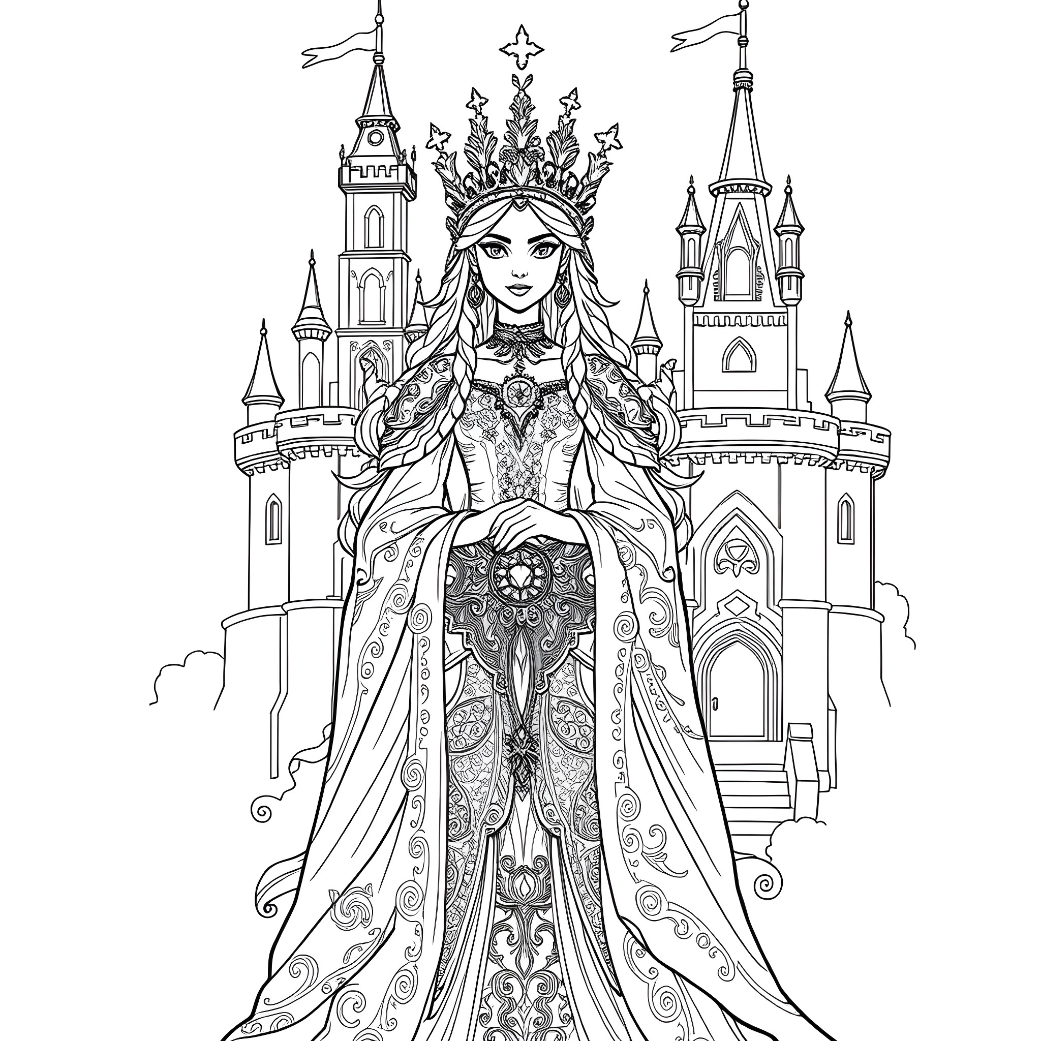 Rheanyra, the Regal Princess in an Ornate Castle Coloring Page (free black-and-white line drawing printable PDF for all, from beginners to advanced learners, including children, teens, adults, and seniors)