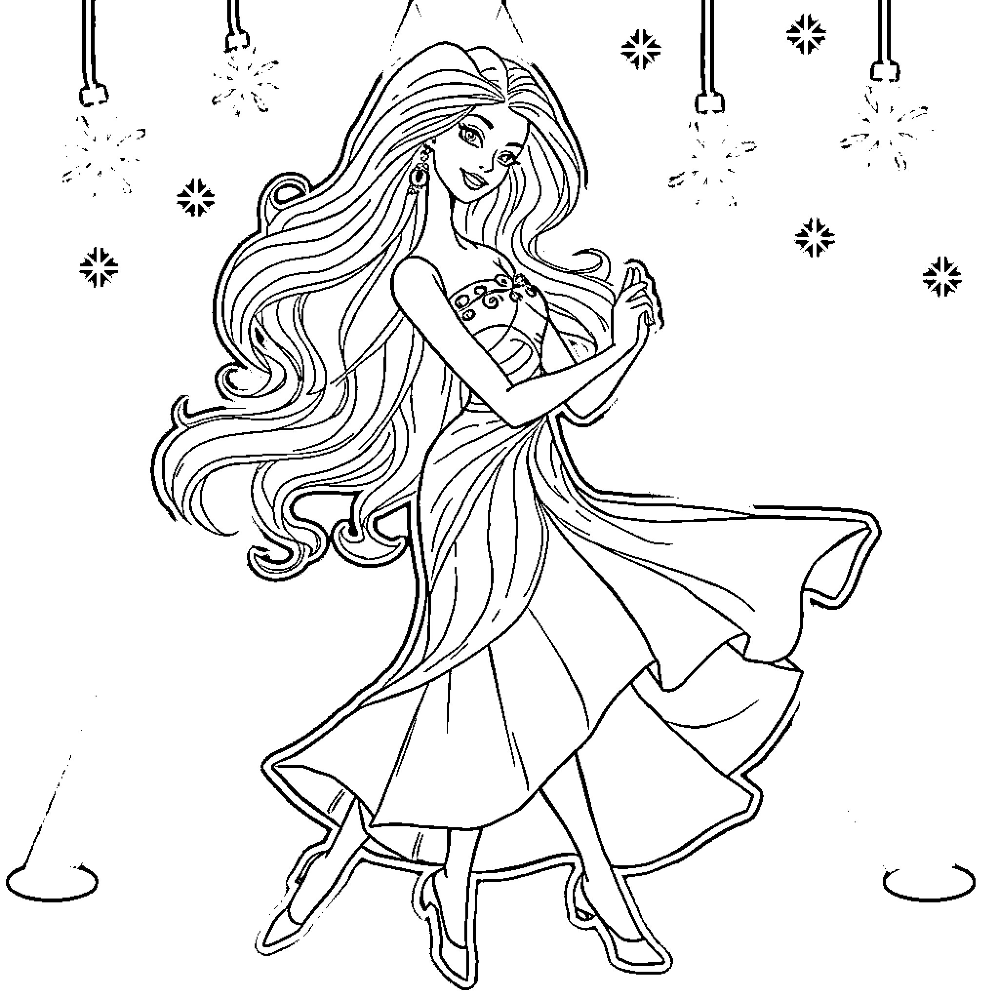 Barbie dances joyfully in elegant dress Coloring Page (free black-and-white line drawing printable PDF for all, from beginners to advanced learners, including children, teens, adults, and seniors)