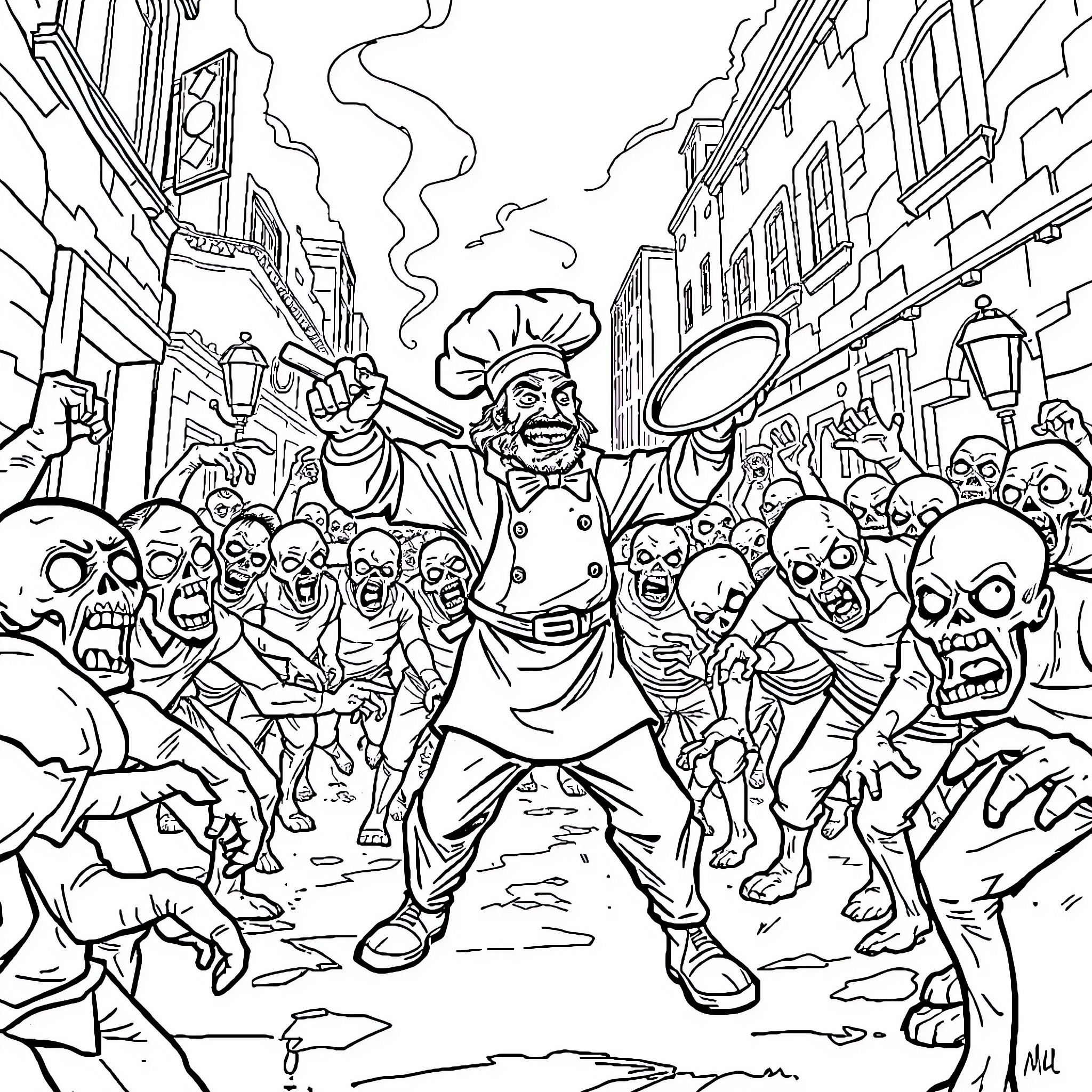 Chef Facing a Crowd of Monstrous Characters Coloring Page (free black-and-white line drawing printable PDF for all, from beginners to advanced learners, including children, teens, adults, and seniors)