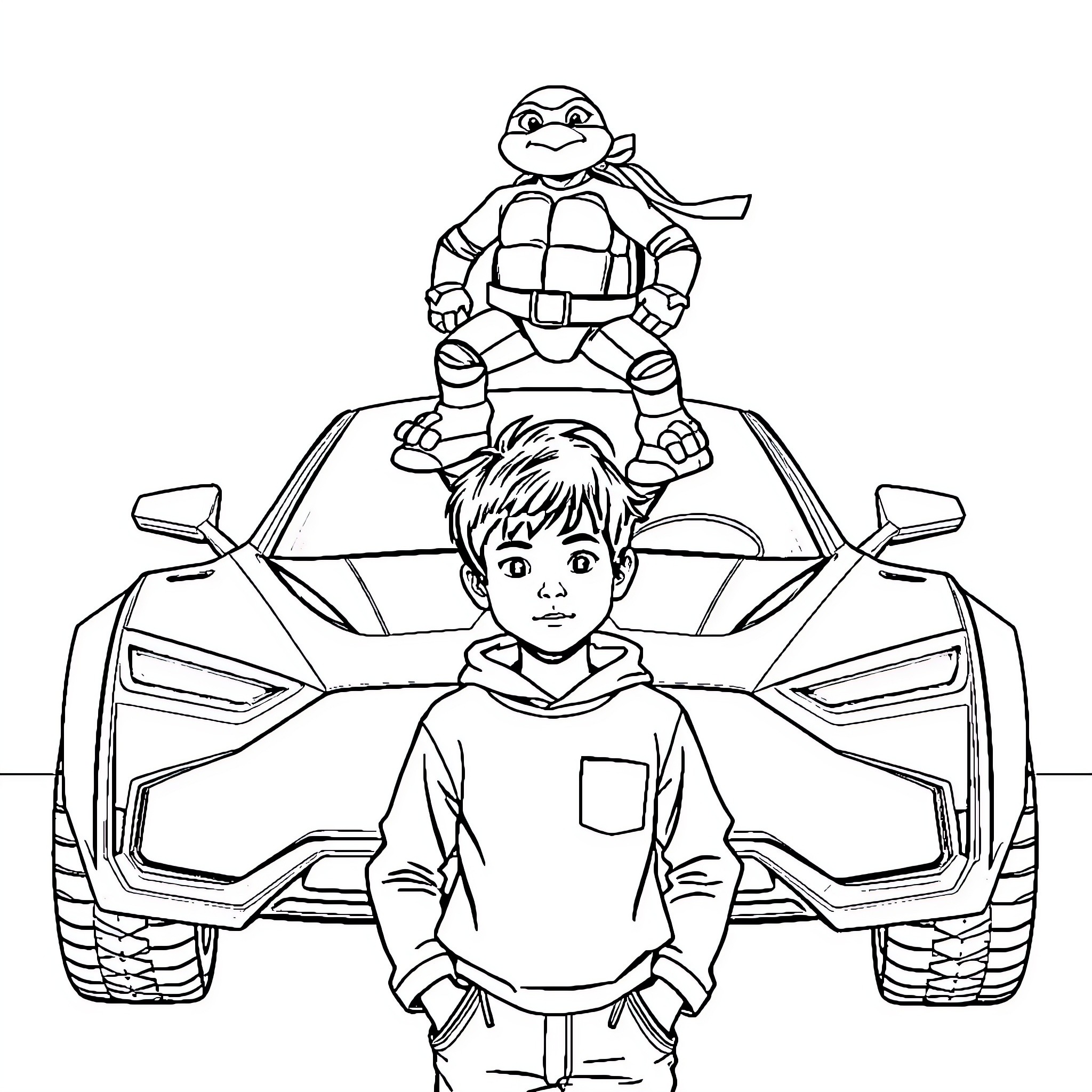 Boy plays with toy turtle superhero on car Coloring Page (free black-and-white line drawing printable PDF for all, from beginners to advanced learners, including children, teens, adults, and seniors)
