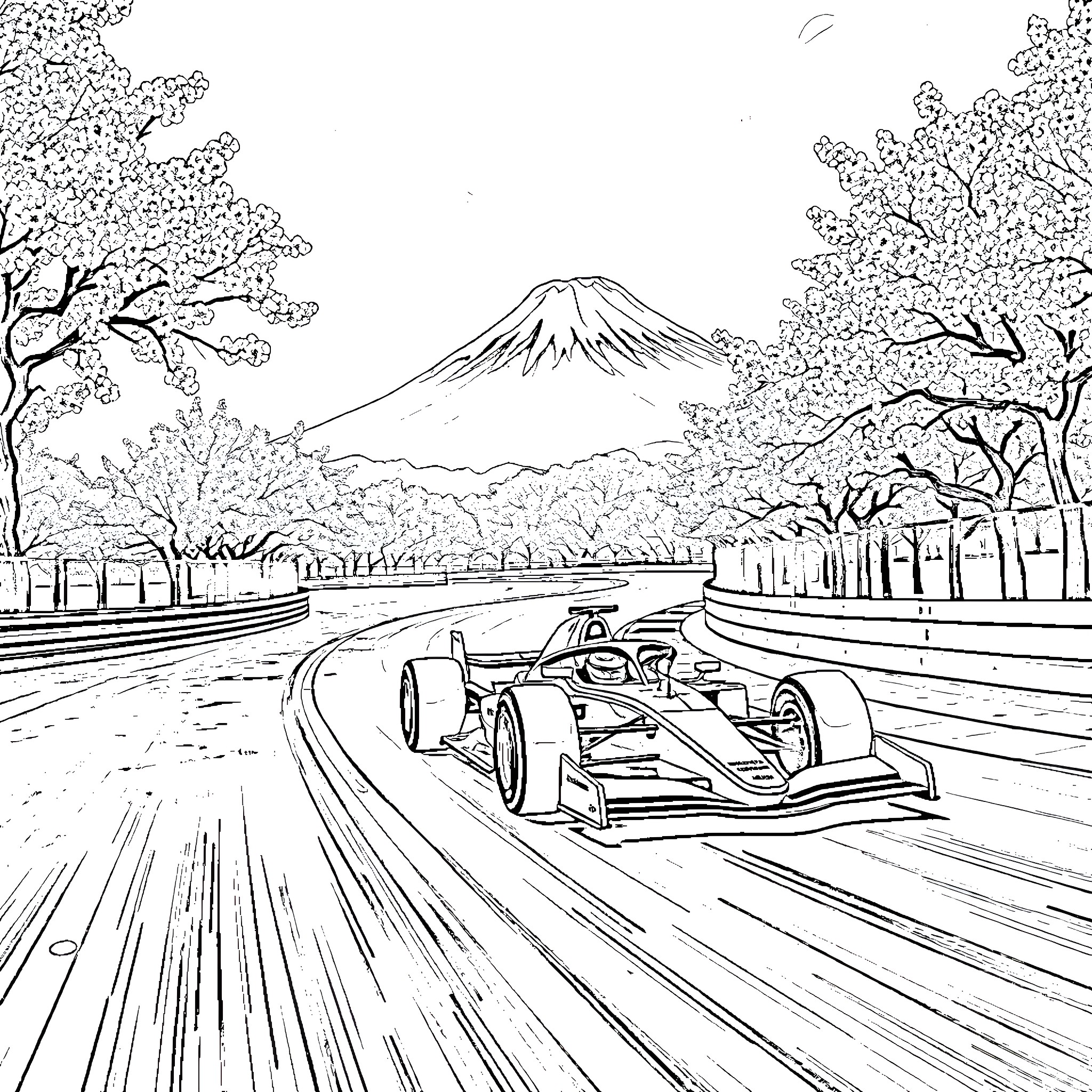 Formula 1 race car speeding through scenic landscape Coloring Page (free black-and-white line drawing printable PDF for all, from beginners to advanced learners, including children, teens, adults, and seniors)