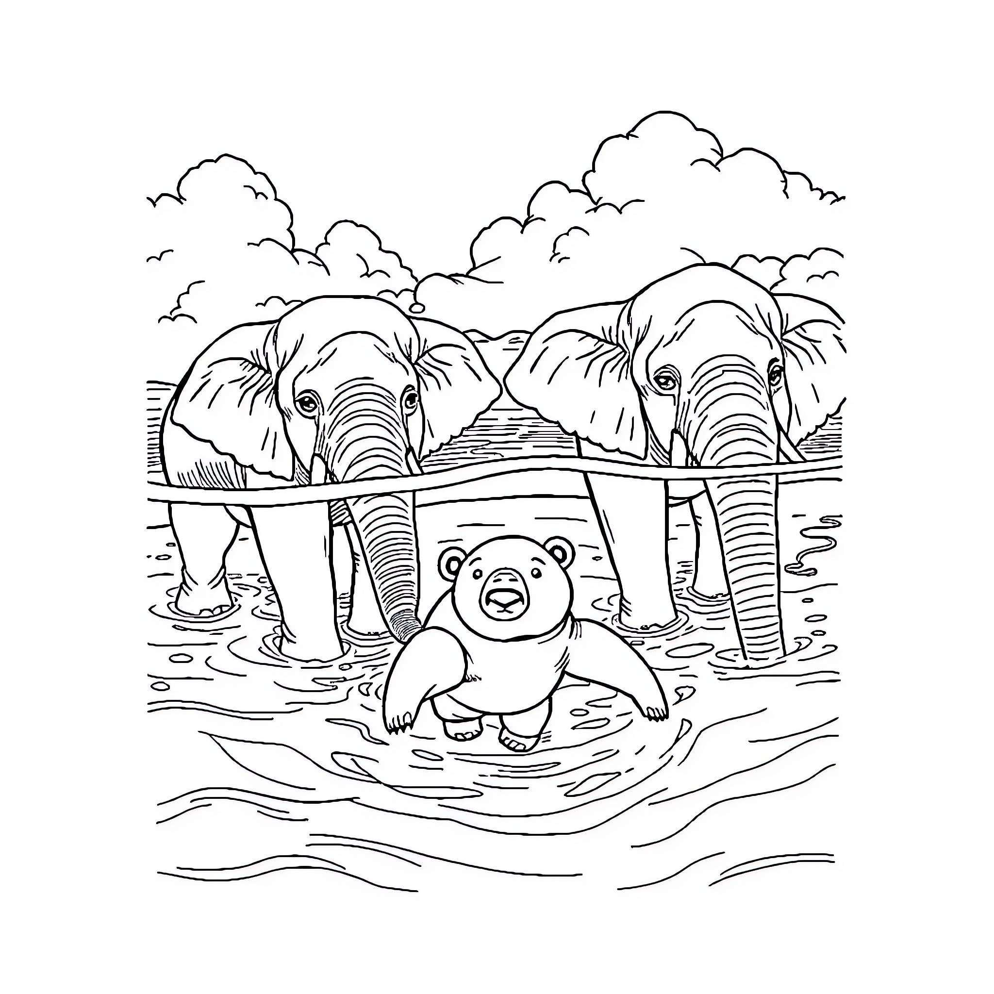 Bear family playing in the water Coloring Page (free black-and-white line drawing printable PDF for all, from beginners to advanced learners, including children, teens, adults, and seniors)