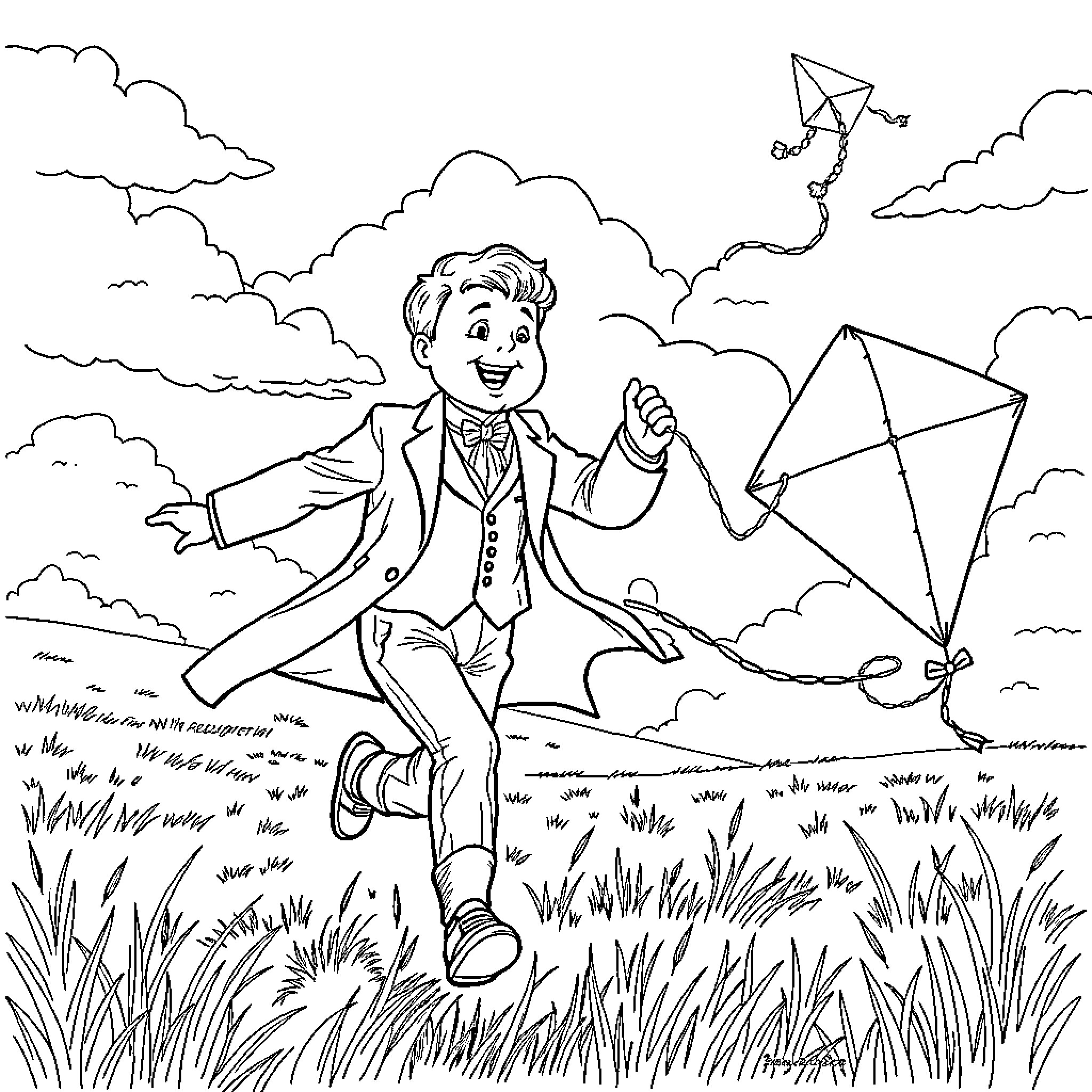 Theodore Roosevelt Playfully Flying a Kite in a Field Coloring Page (free black-and-white line drawing printable PDF for all, from beginners to advanced learners, including children, teens, adults, and seniors)