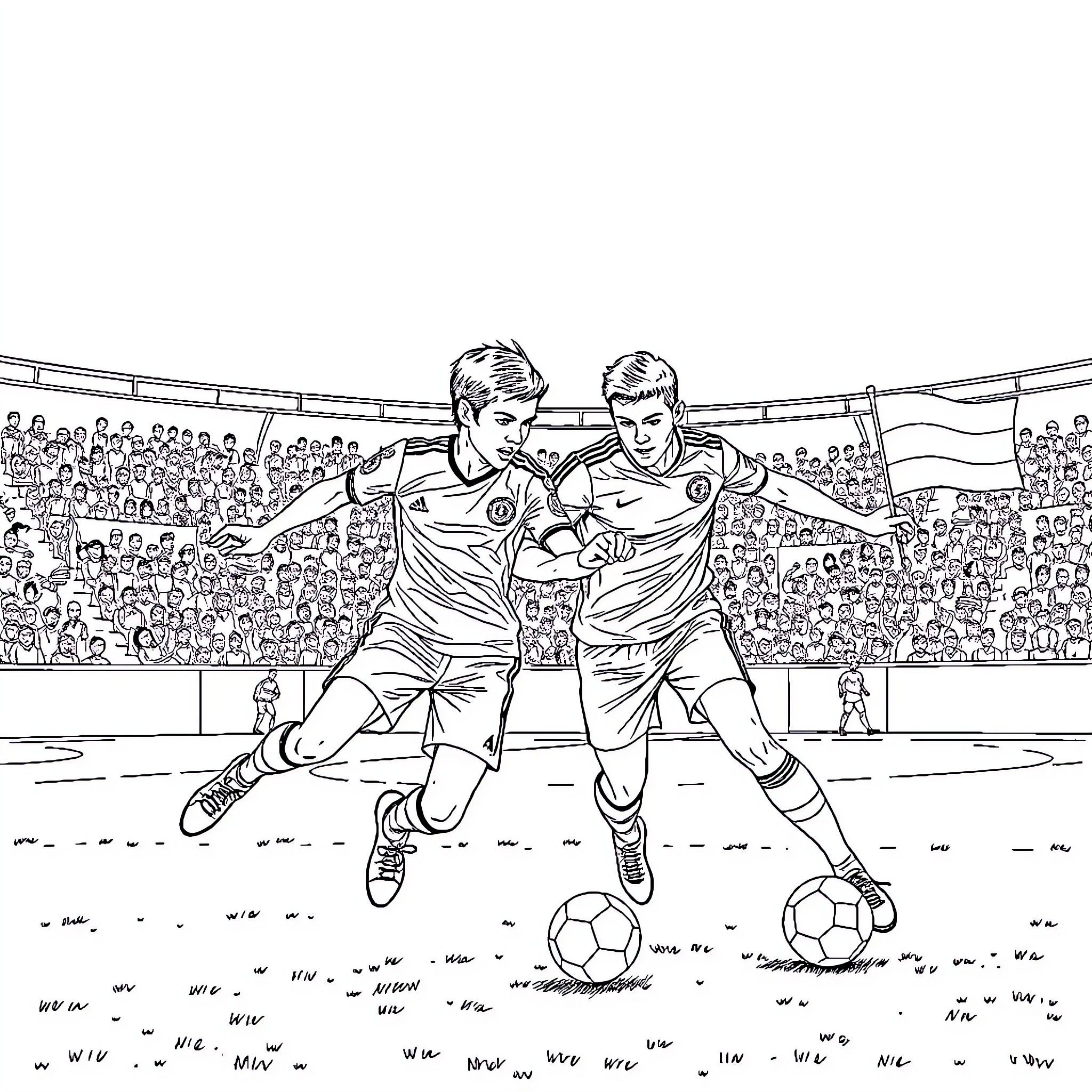 Soccer players competing for the ball on the field Coloring Page (free black-and-white line drawing printable PDF for all, from beginners to advanced learners, including children, teens, adults, and seniors)