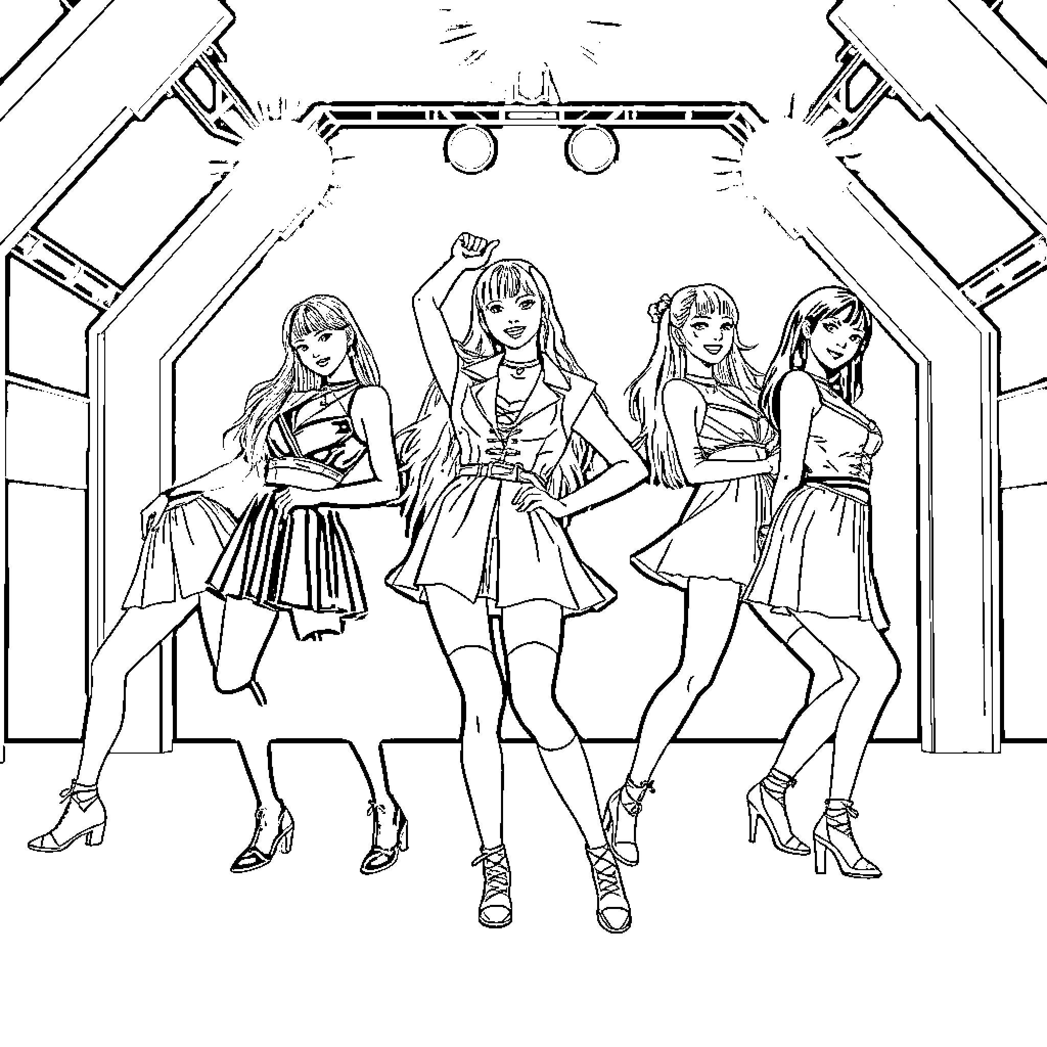 Kpop Warriors Performing on Stage Coloring Page (free black-and-white line drawing printable PDF for all, from beginners to advanced learners, including children, teens, adults, and seniors)