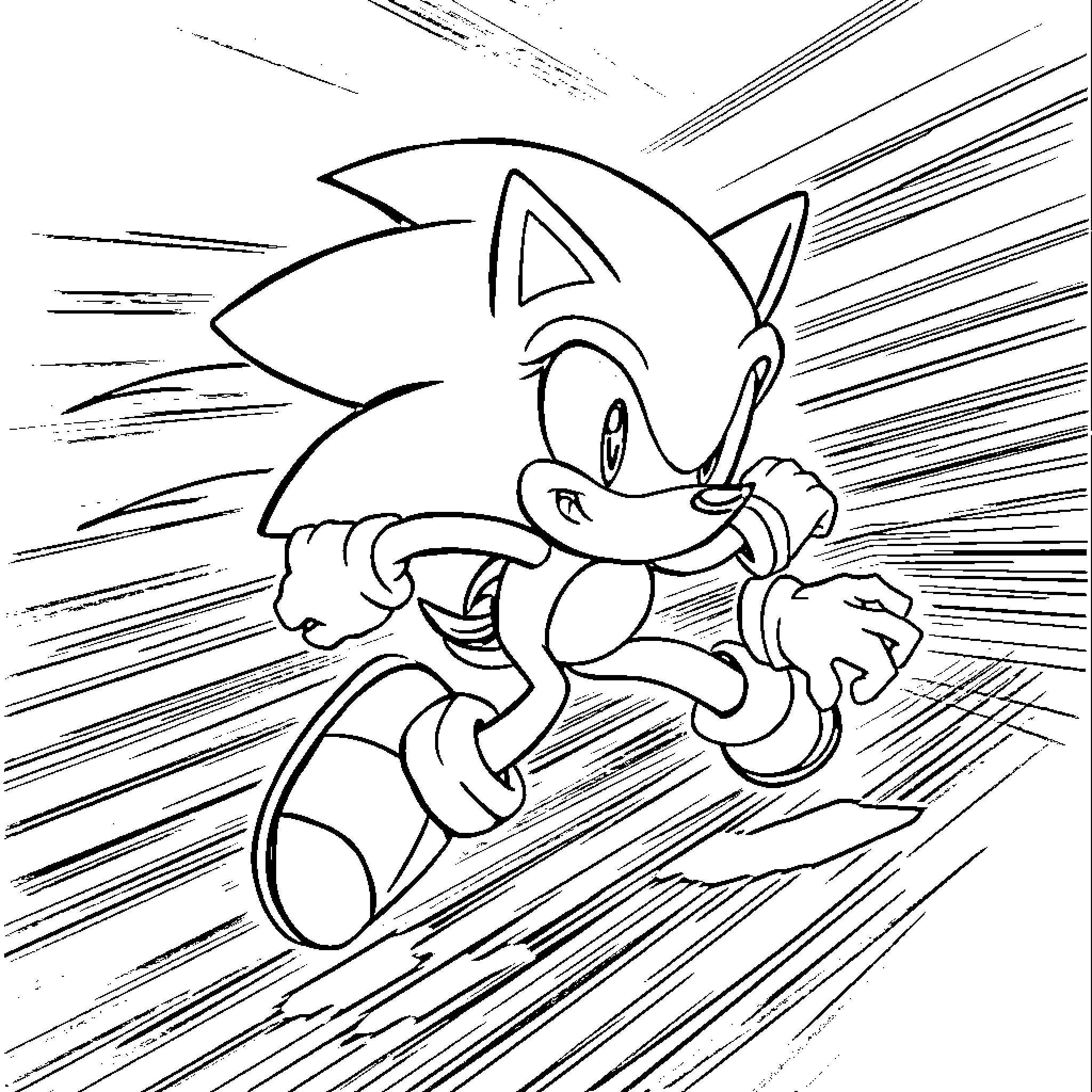 Sonic speeding through a dynamic scene Coloring Page (free black-and-white line drawing printable PDF for all, from beginners to advanced learners, including children, teens, adults, and seniors)