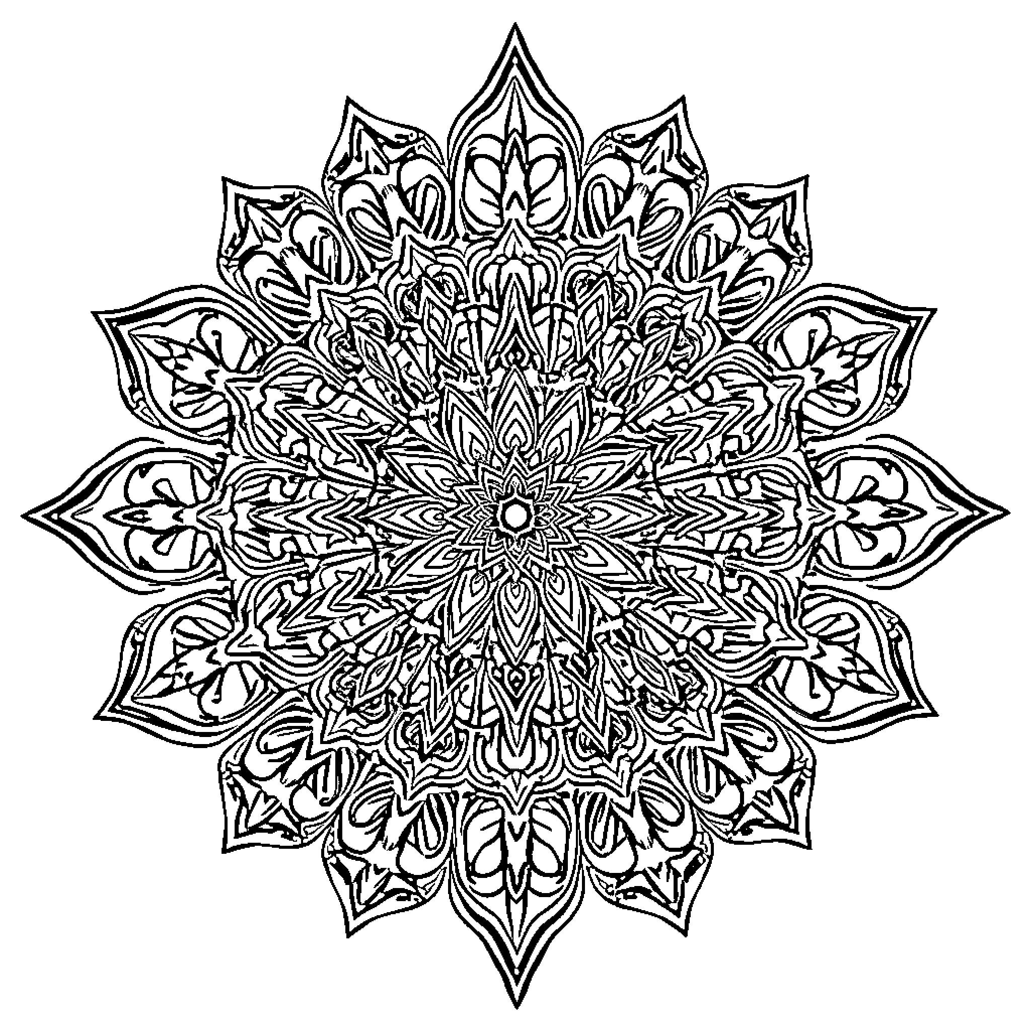 Mandala of intricate symmetrical patterns Coloring Page (free black-and-white line drawing printable PDF for all, from beginners to advanced learners, including children, teens, adults, and seniors)
