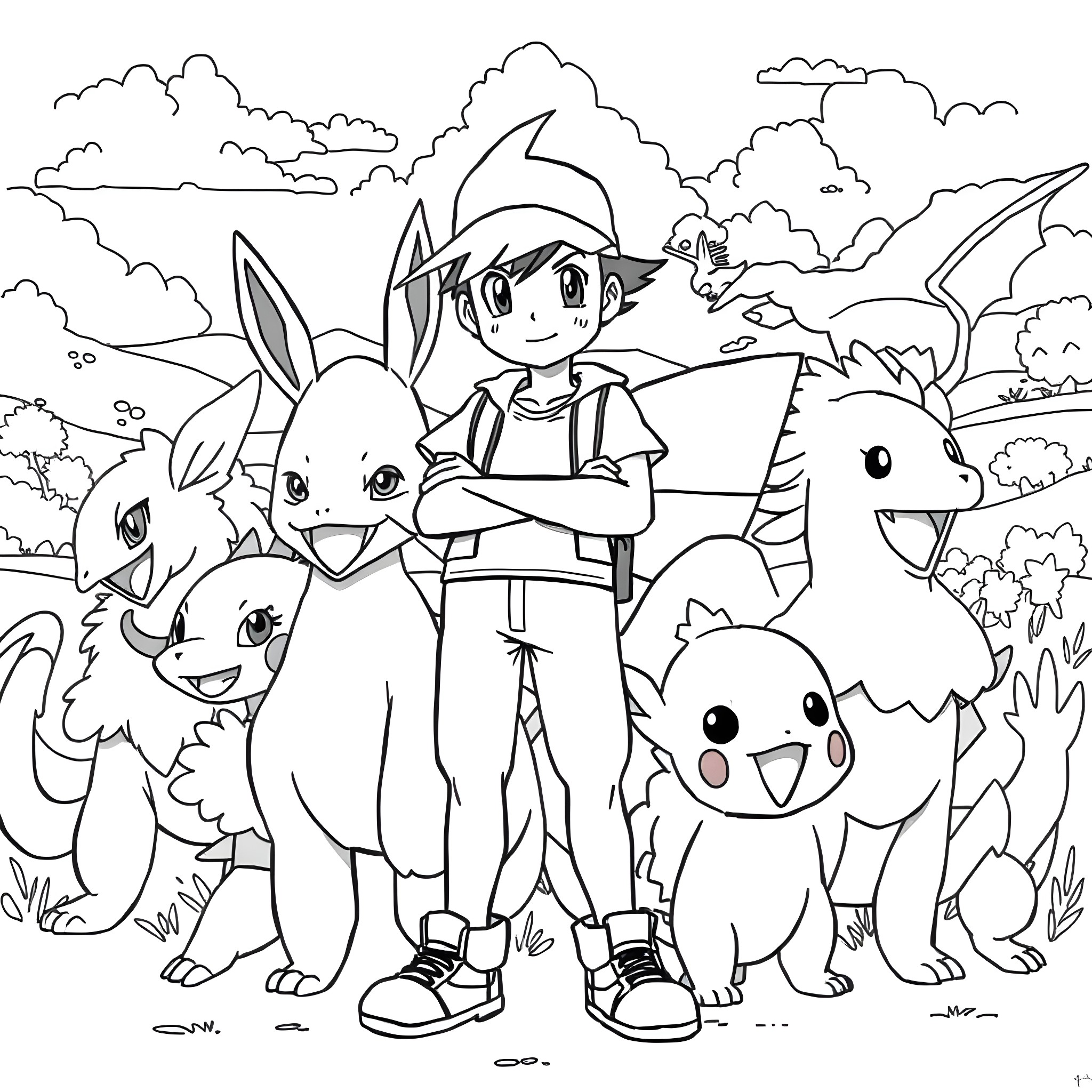 Pokémon Trainer with Cute Creatures in the Wilderness Coloring Page (free black-and-white line drawing printable PDF for all, from beginners to advanced learners, including children, teens, adults, and seniors)
