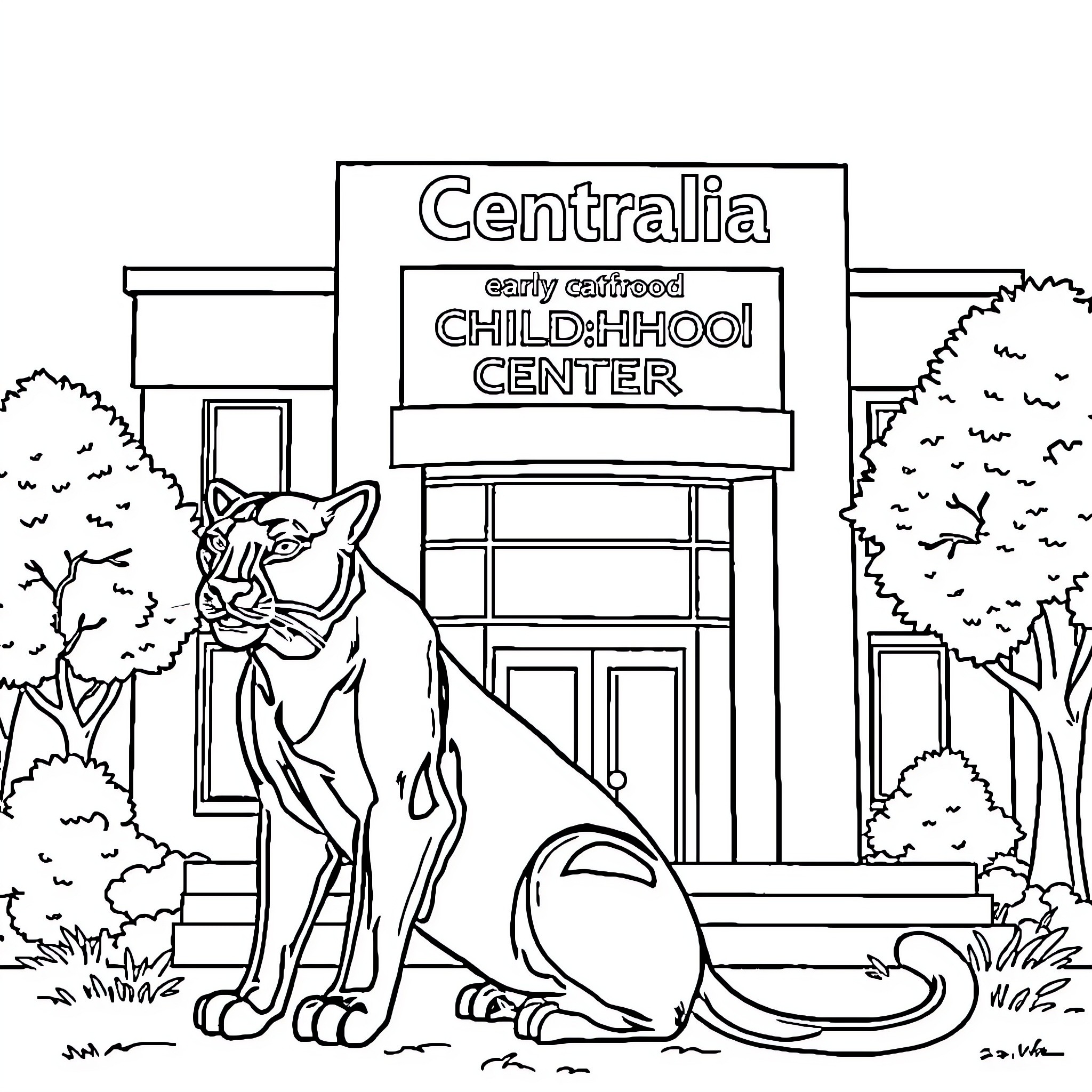Panther guarding Centralia Early Childhood Center Coloring Page (free black-and-white line drawing printable PDF for all, from beginners to advanced learners, including children, teens, adults, and seniors)