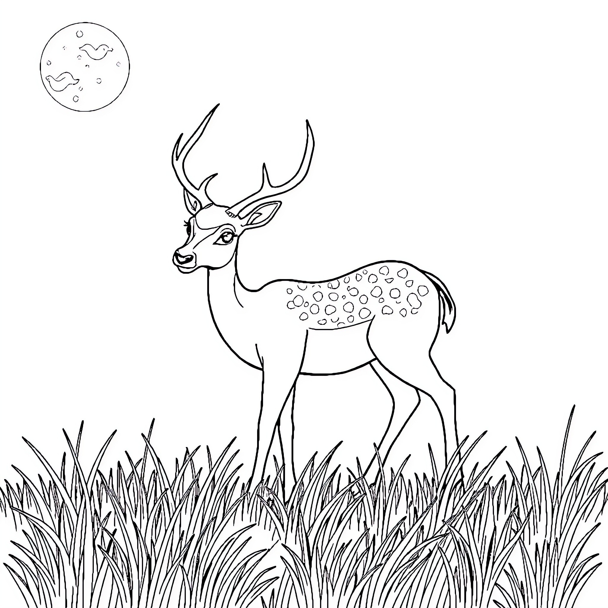 Deer standing in tall grass under the moonlight Coloring Page (free black-and-white line drawing printable PDF for all, from beginners to advanced learners, including children, teens, adults, and seniors)