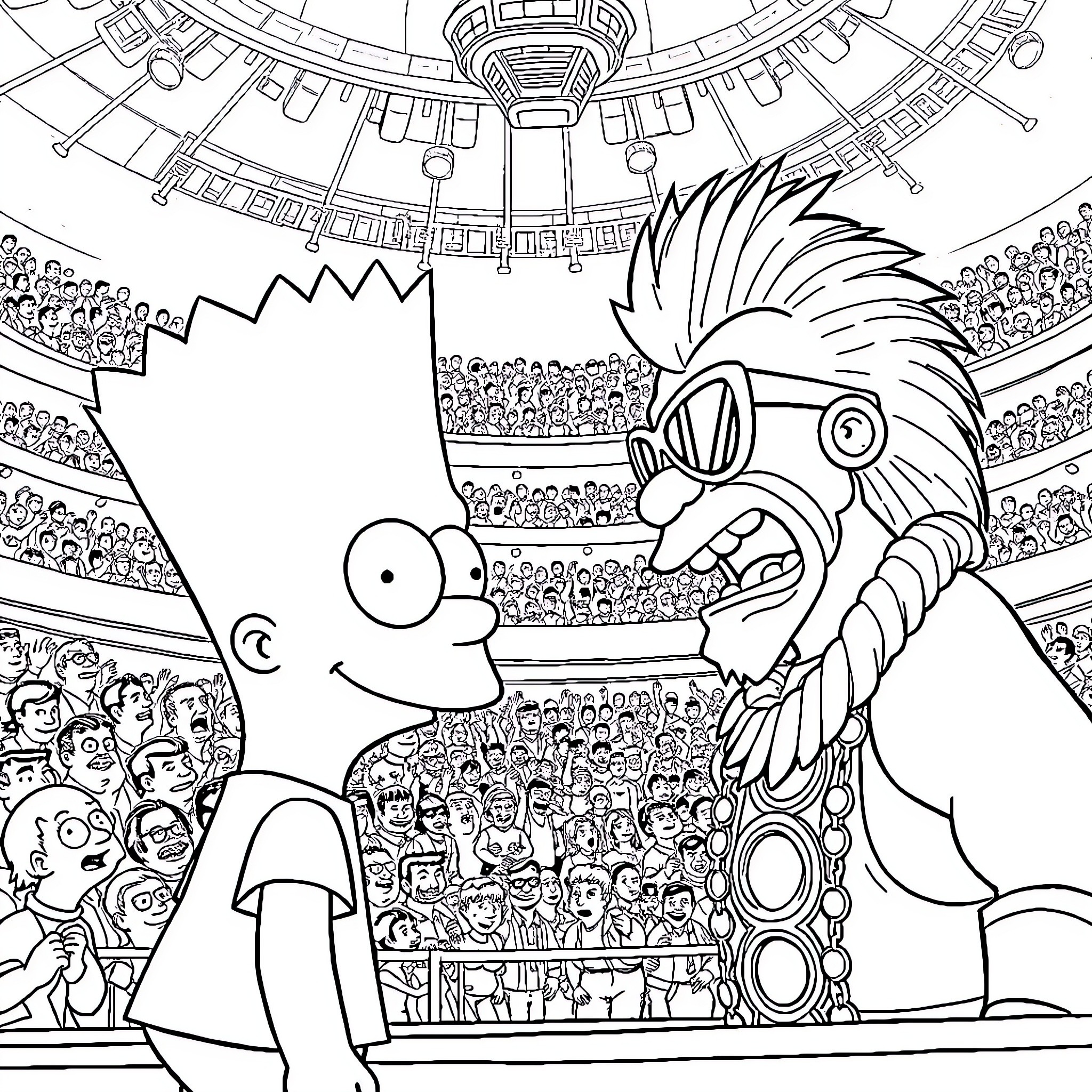 Bart Simpson in a Crazy Stadium Scene Coloring Page (free black-and-white line drawing printable PDF for all, from beginners to advanced learners, including children, teens, adults, and seniors)