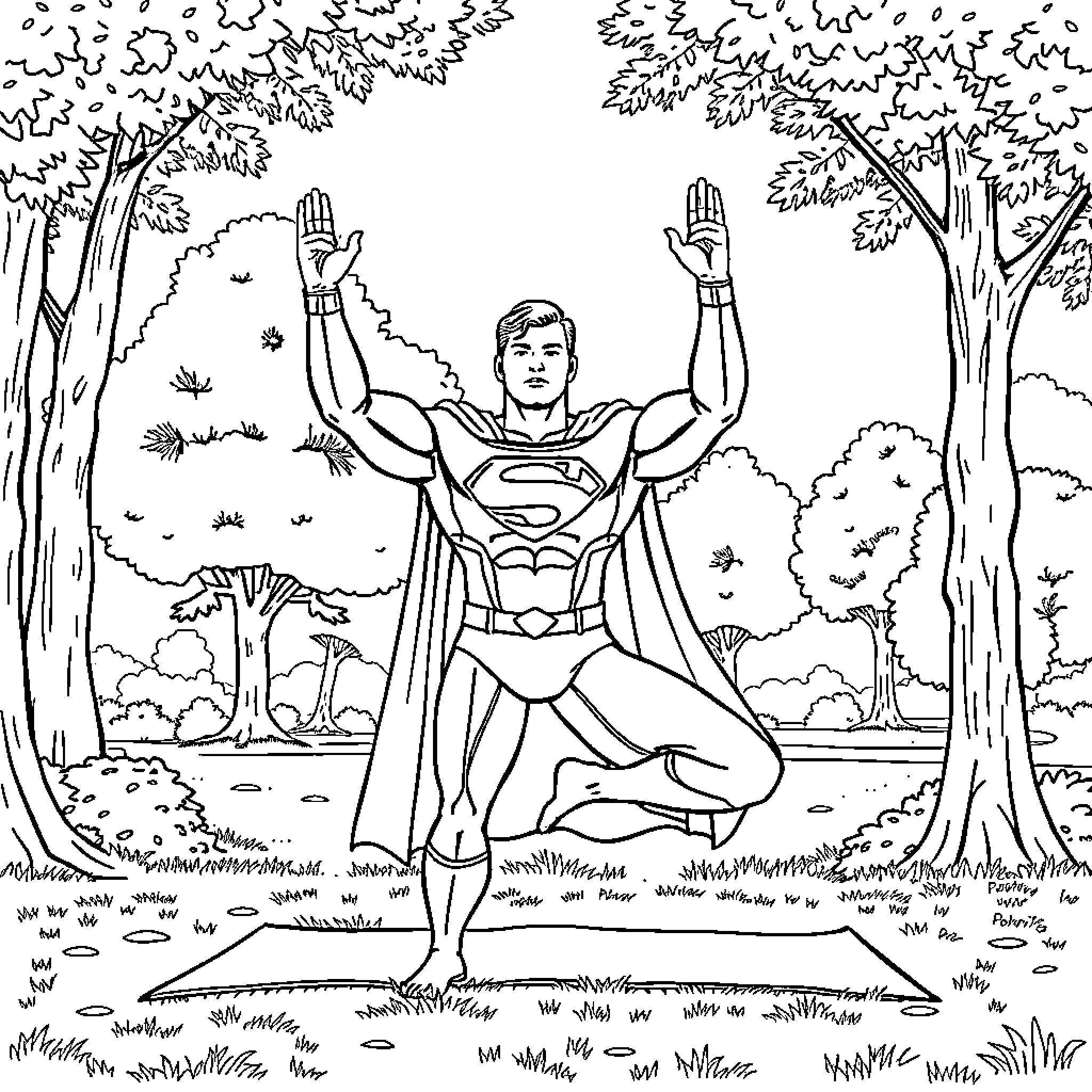 Superman Heroically Poses in Serene Forest Landscape Coloring Page (free black-and-white line drawing printable PDF for all, from beginners to advanced learners, including children, teens, adults, and seniors)