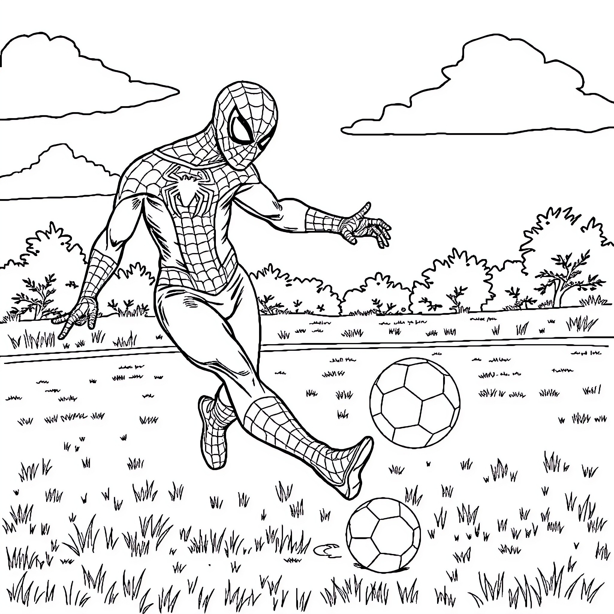 Spiderman playing soccer in the park Coloring Page (free black-and-white line drawing printable PDF for all, from beginners to advanced learners, including children, teens, adults, and seniors)