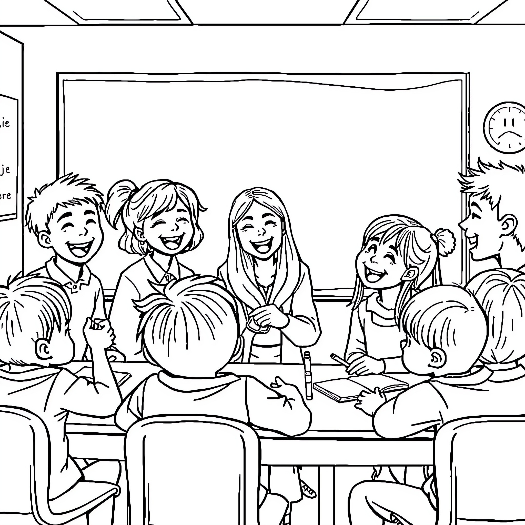 Teacher leading an engaged classroom discussion Coloring Page (free black-and-white line drawing printable PDF for all, from beginners to advanced learners, including children, teens, adults, and seniors)