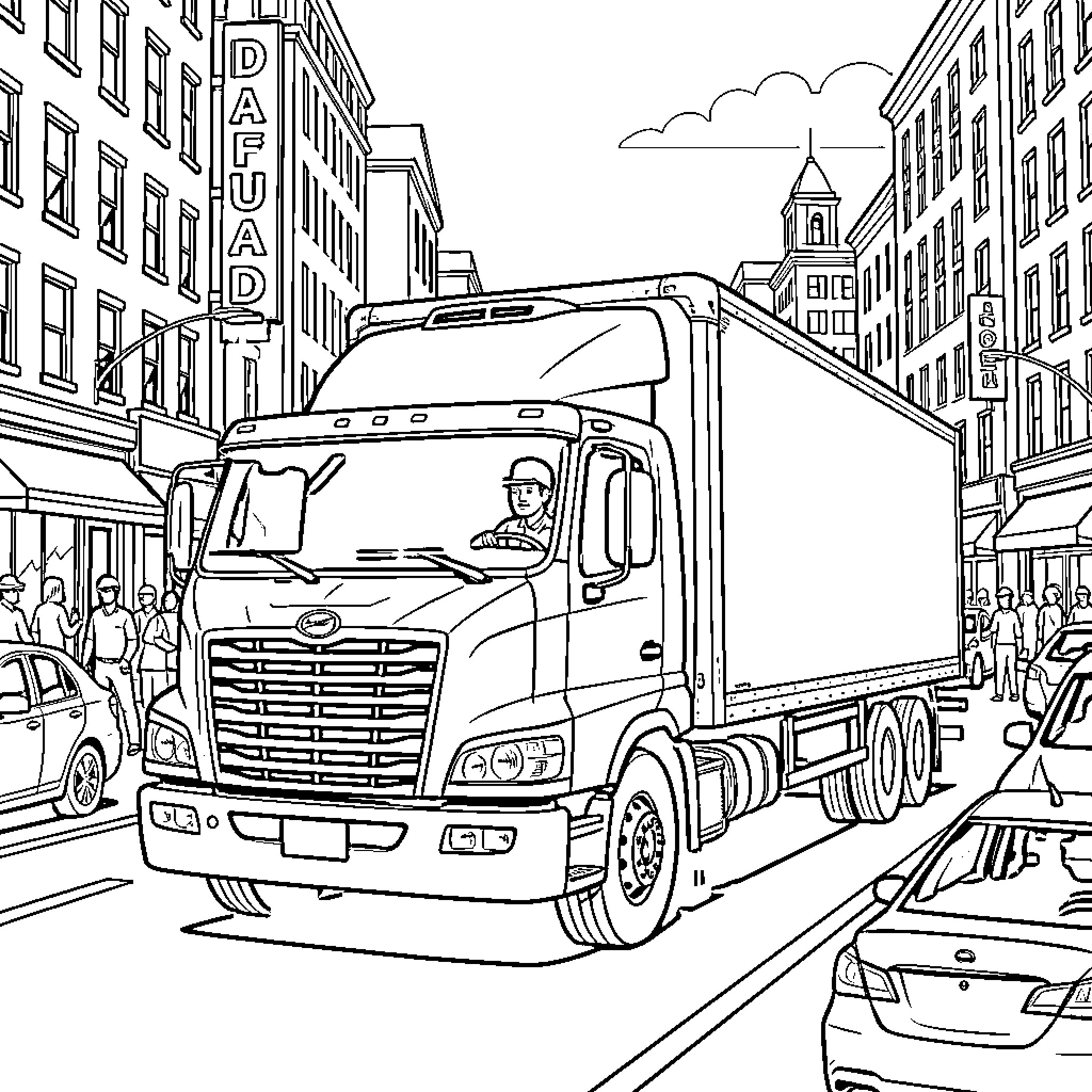 Marcus driving a large truck through a city street Coloring Page (free black-and-white line drawing printable PDF for all, from beginners to advanced learners, including children, teens, adults, and seniors)