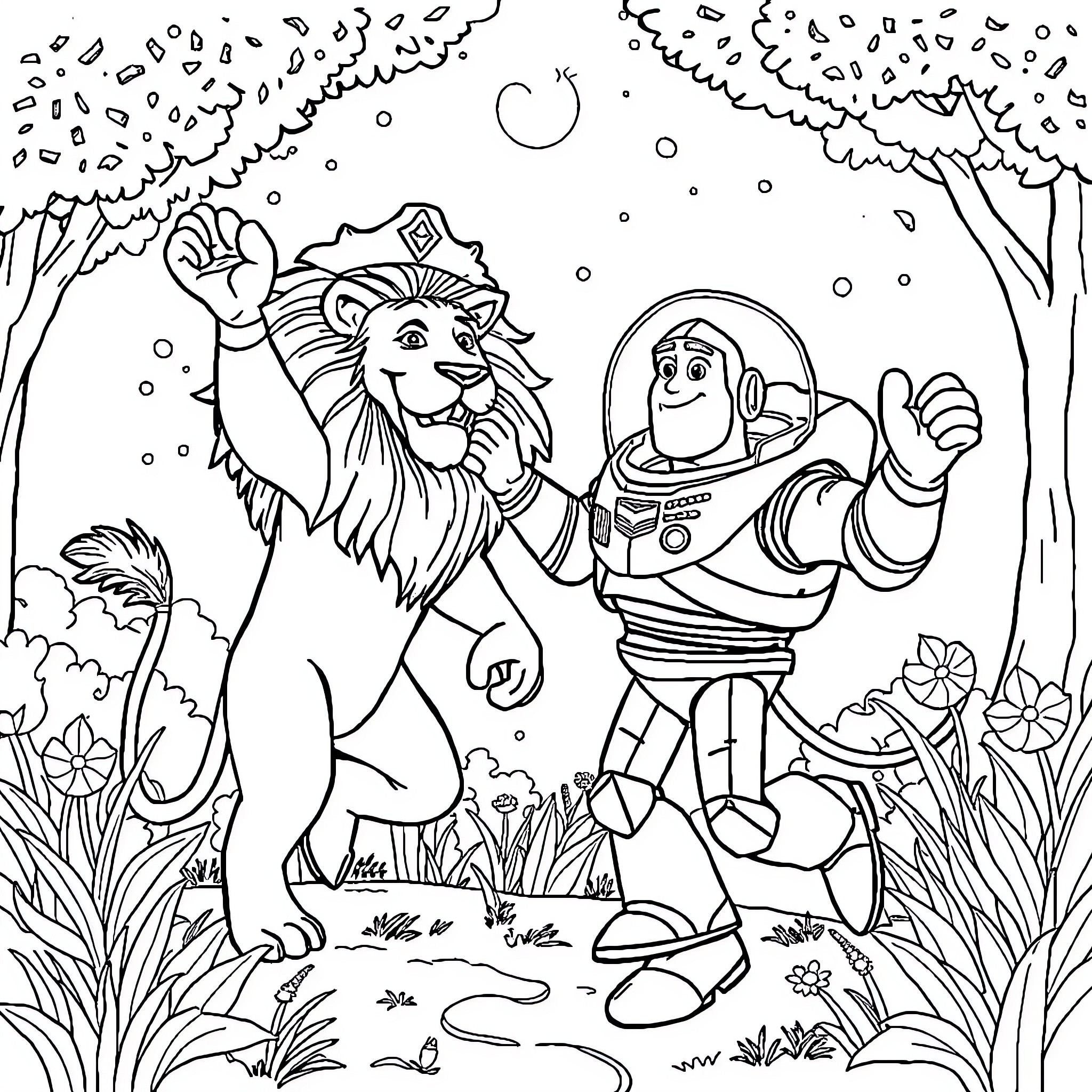 Buzz l'Éclair and Simba's snowy adventure Coloring Page (free black-and-white line drawing printable PDF for all, from beginners to advanced learners, including children, teens, adults, and seniors)