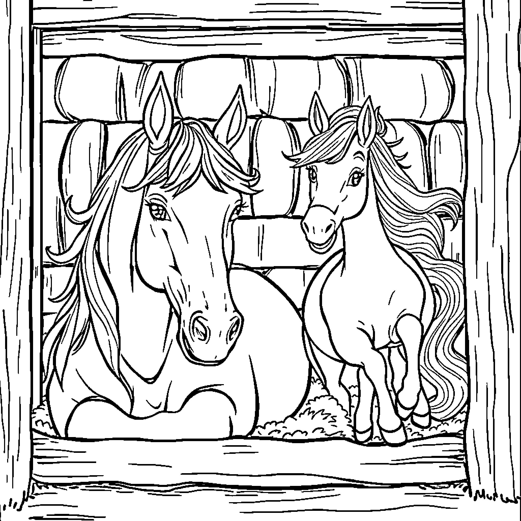 Einhorn horses in fantasy forest scene Coloring Page (free black-and-white line drawing printable PDF for all, from beginners to advanced learners, including children, teens, adults, and seniors)