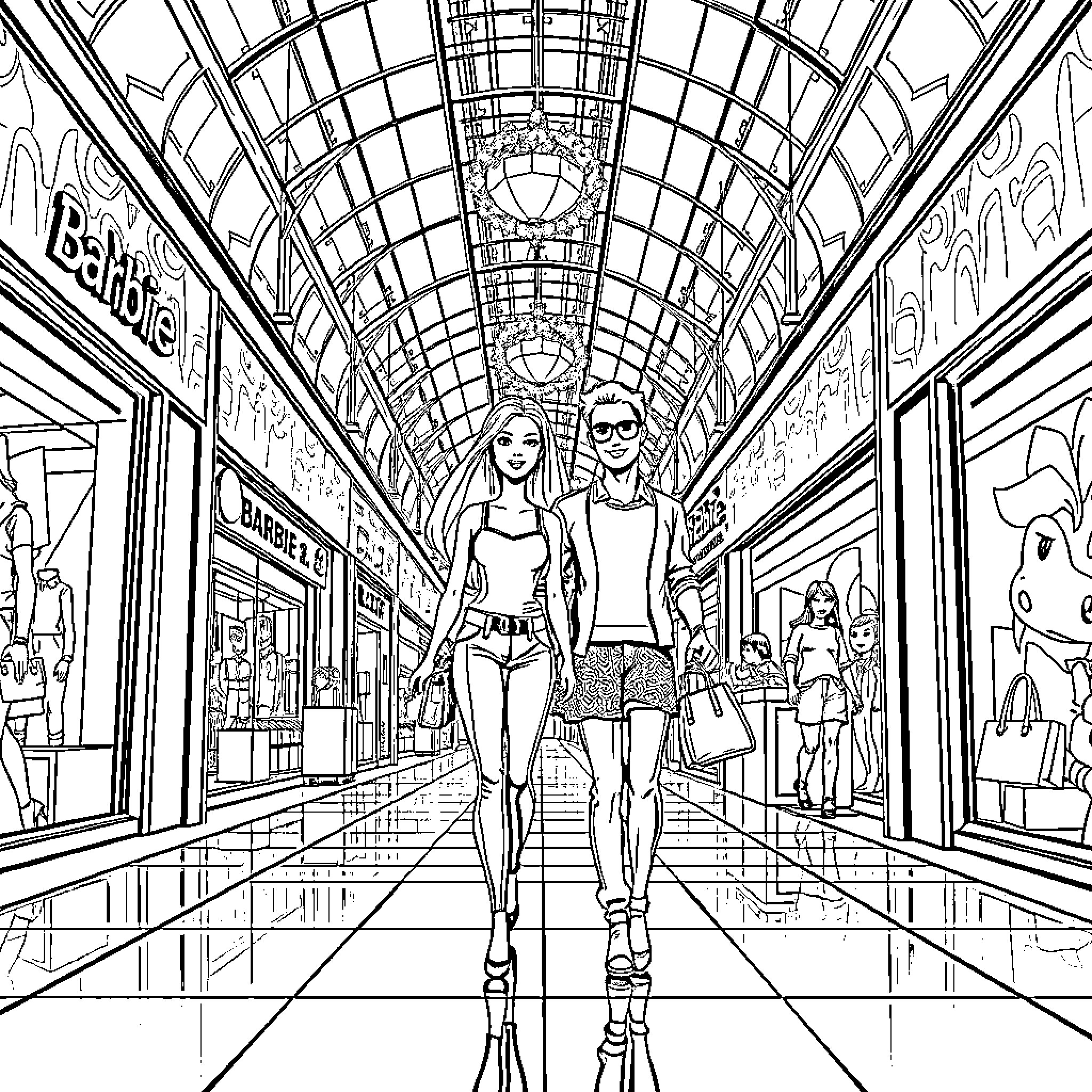 Barbie and Ken explore stylish urban shopping mall Coloring Page (free black-and-white line drawing printable PDF for all, from beginners to advanced learners, including children, teens, adults, and seniors)