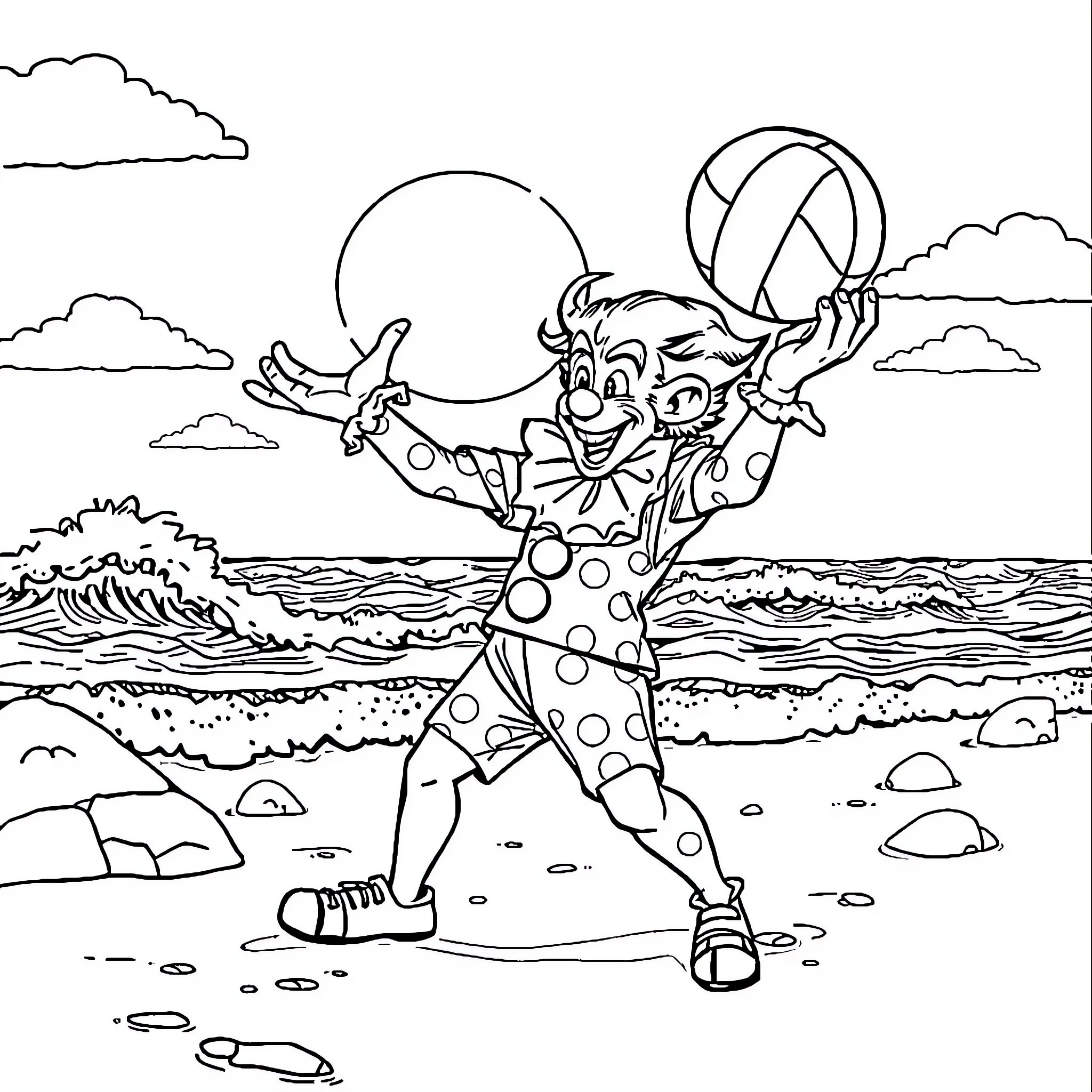 Clown Juggling and Performing on the Beach Coloring Page (free black-and-white line drawing printable PDF for all, from beginners to advanced learners, including children, teens, adults, and seniors)