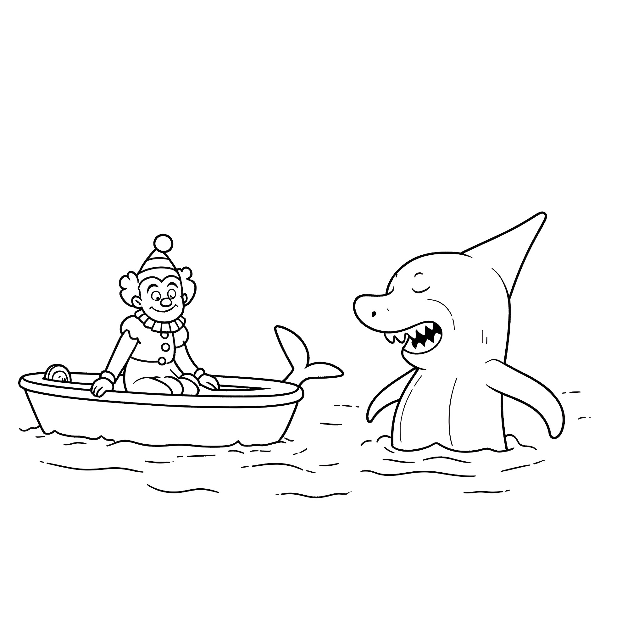 Clown frolicking in boat as ferocious shark approaches Coloring Page (free black-and-white line drawing printable PDF for all, from beginners to advanced learners, including children, teens, adults, and seniors)