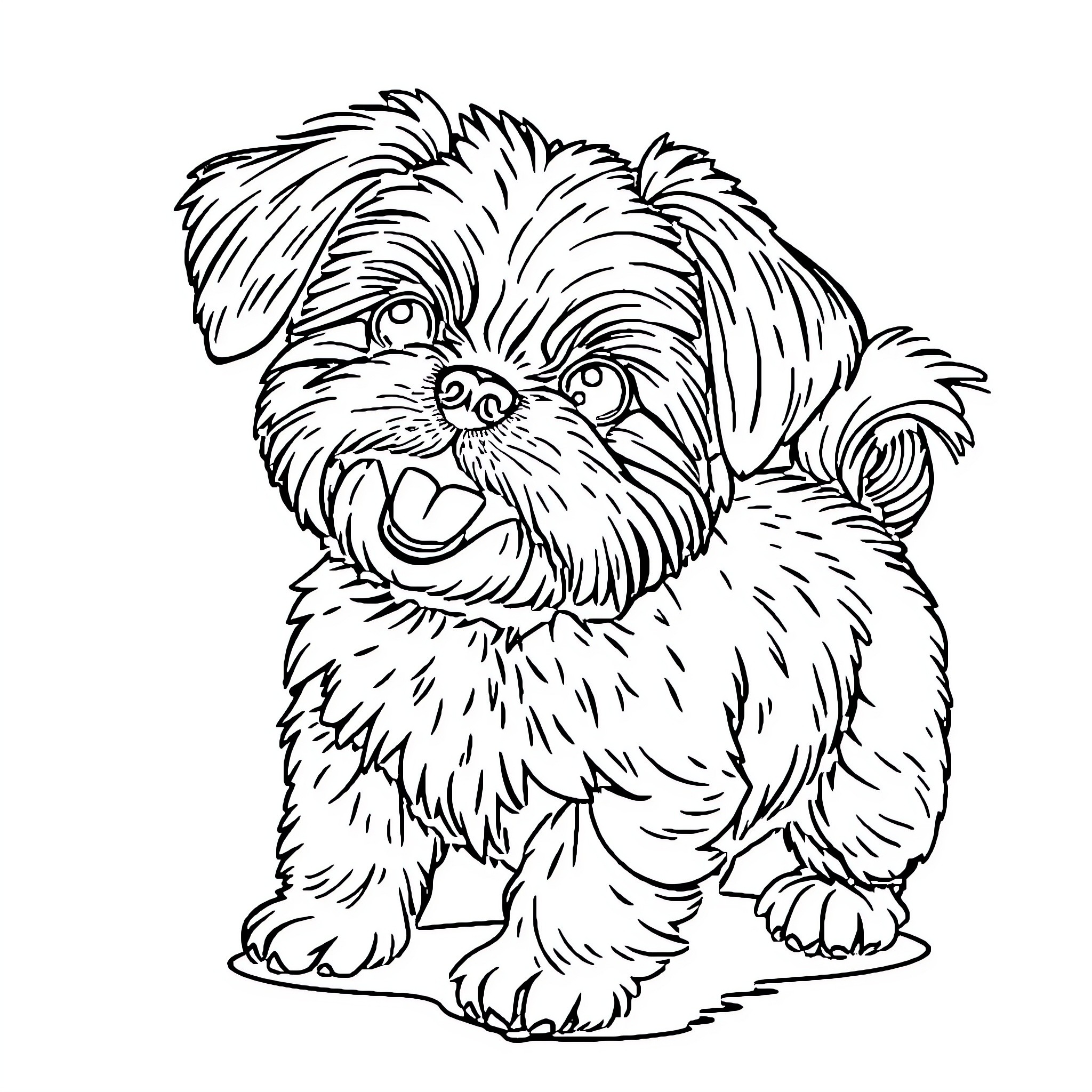 Shih Tzu playing happily on a background Coloring Page (free black-and-white line drawing printable PDF for all, from beginners to advanced learners, including children, teens, adults, and seniors)