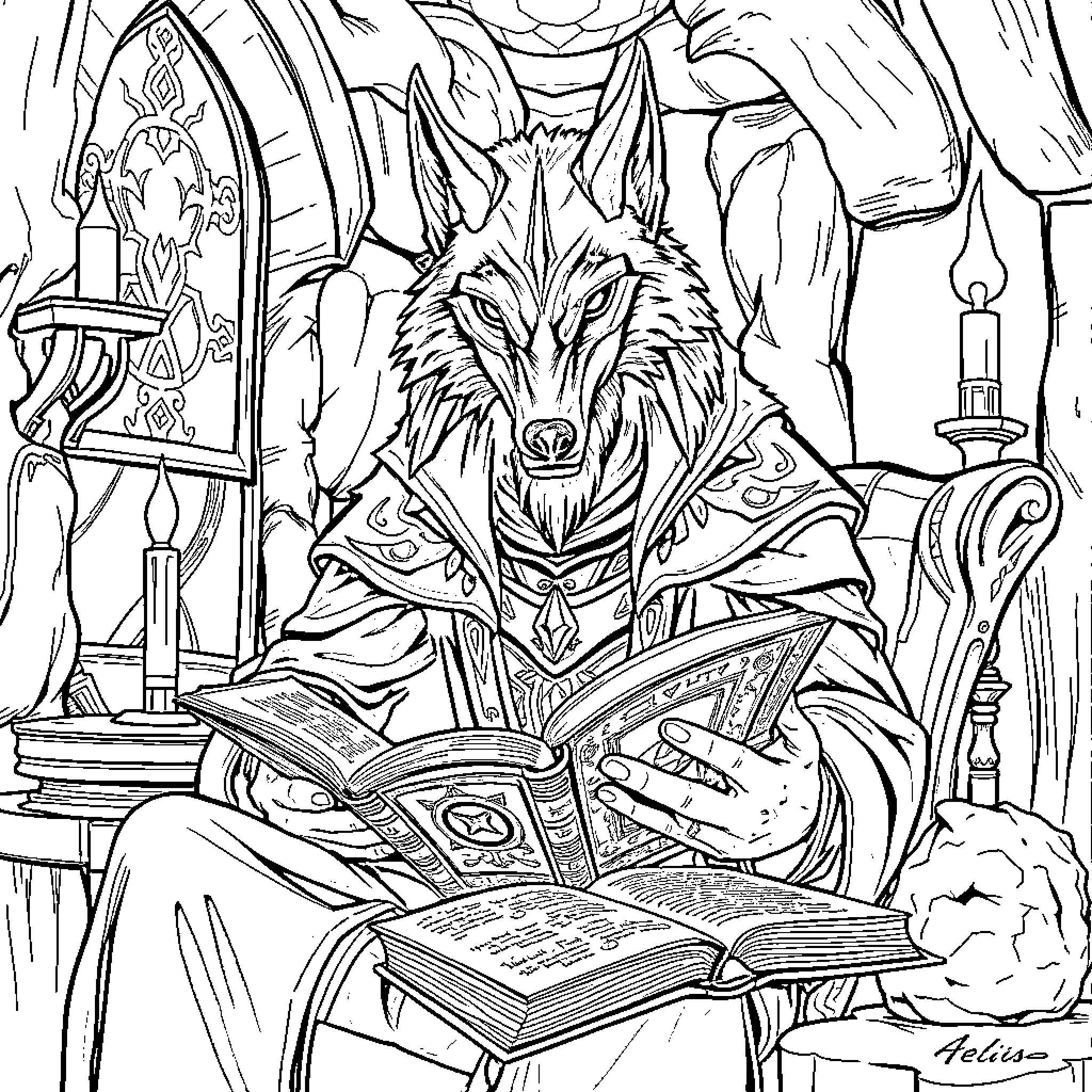Elias the Wise Werewolf Studying Ancient Tomes Coloring Page (free black-and-white line drawing printable PDF for all, from beginners to advanced learners, including children, teens, adults, and seniors)