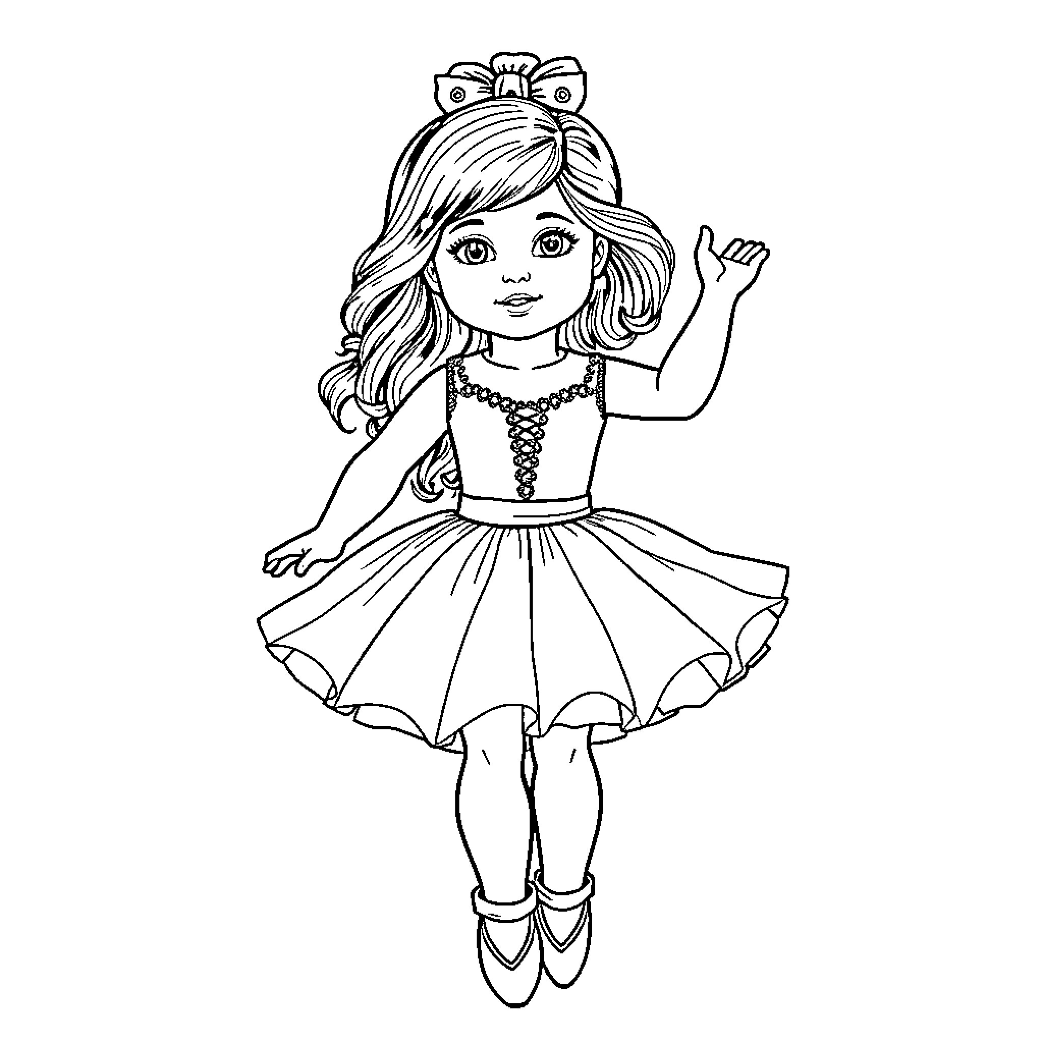 Doll in a fancy princess-style dress waving Coloring Page (free black-and-white line drawing printable PDF for all, from beginners to advanced learners, including children, teens, adults, and seniors)