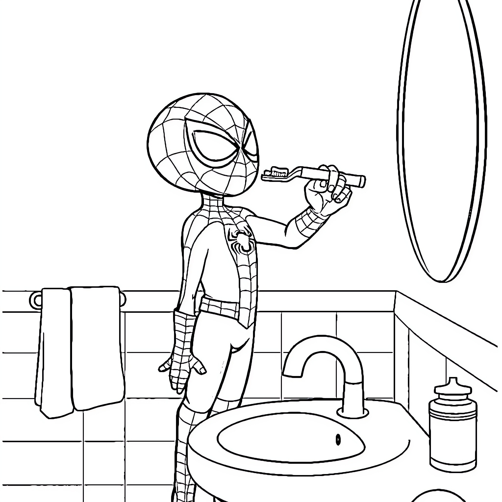 Spiderman examining himself in the bathroom mirror Coloring Page (free black-and-white line drawing printable PDF for all, from beginners to advanced learners, including children, teens, adults, and seniors)