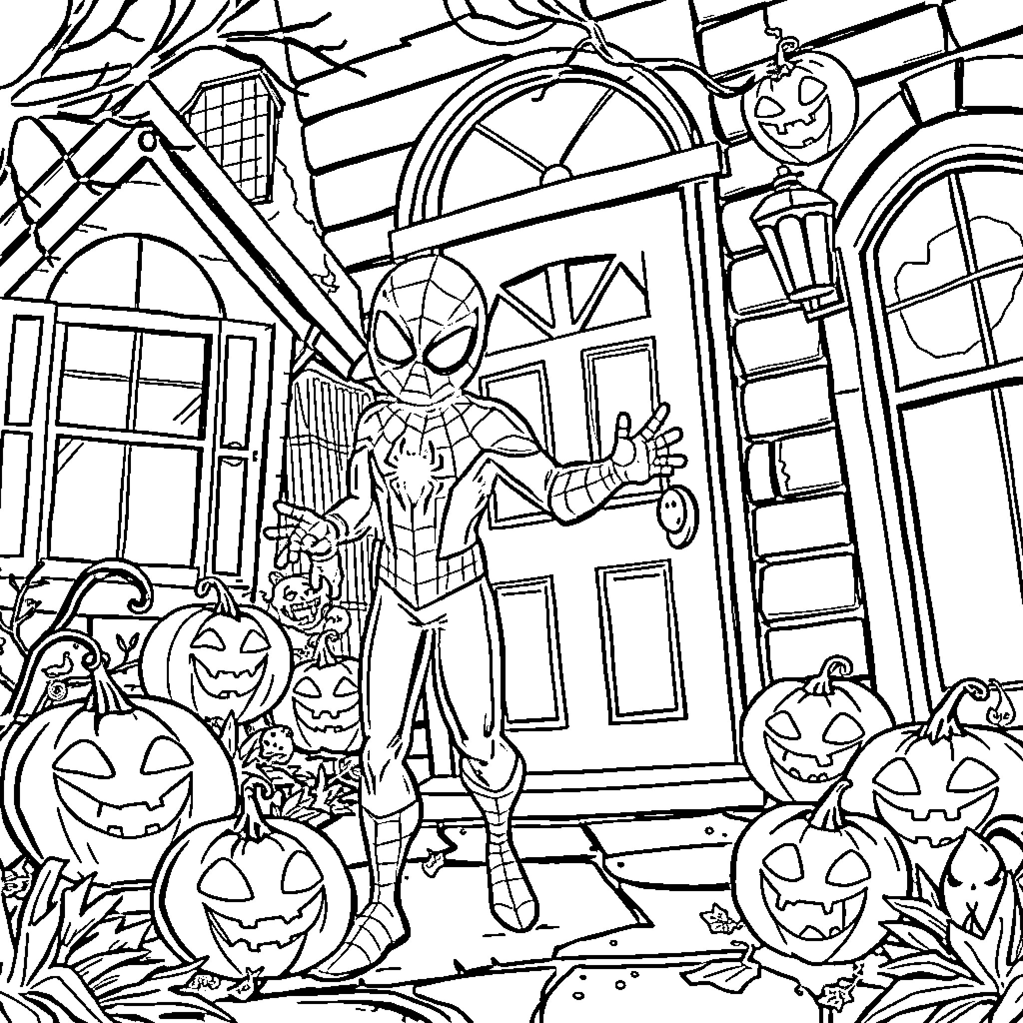 Spiderman celebrating Halloween with pumpkins Coloring Page (free black-and-white line drawing printable PDF for all, from beginners to advanced learners, including children, teens, adults, and seniors)