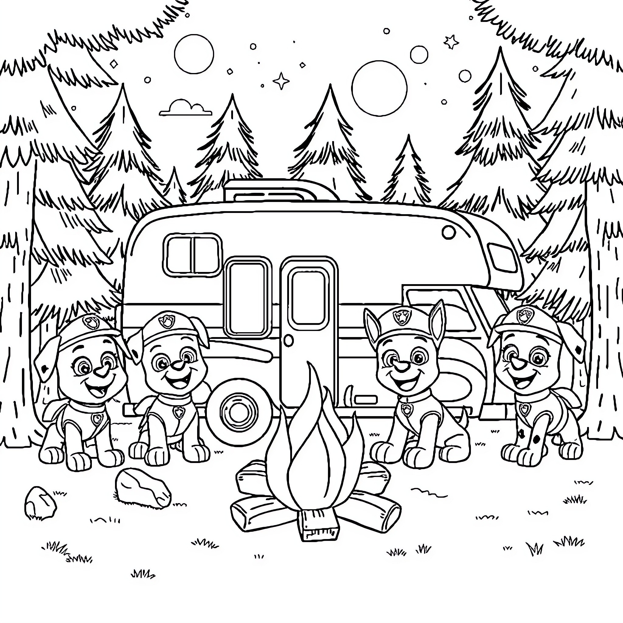 Paw Patrol camping adventure in the woods Coloring Page (free black-and-white line drawing printable PDF for all, from beginners to advanced learners, including children, teens, adults, and seniors)