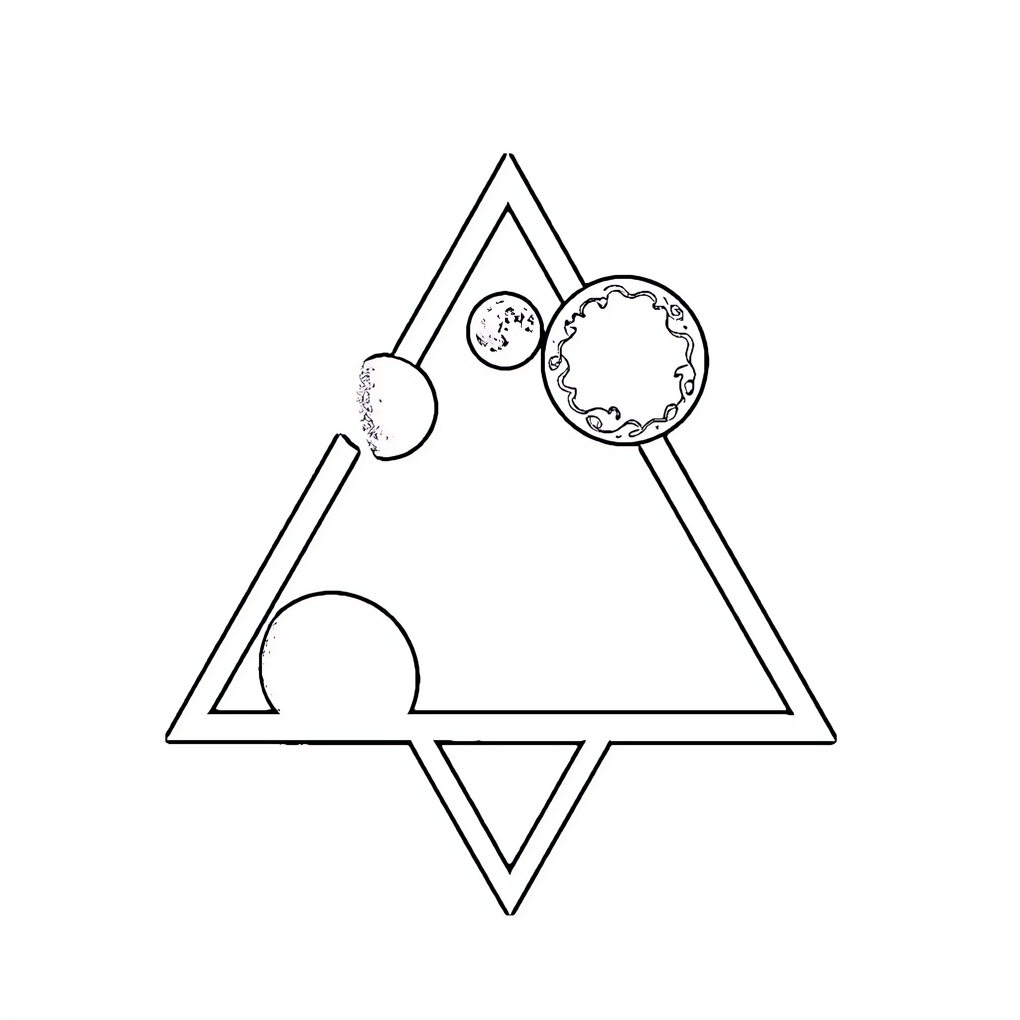 Moon Shapes and Symbols in Triangle Coloring Page (free black-and-white line drawing printable PDF for all, from beginners to advanced learners, including children, teens, adults, and seniors)