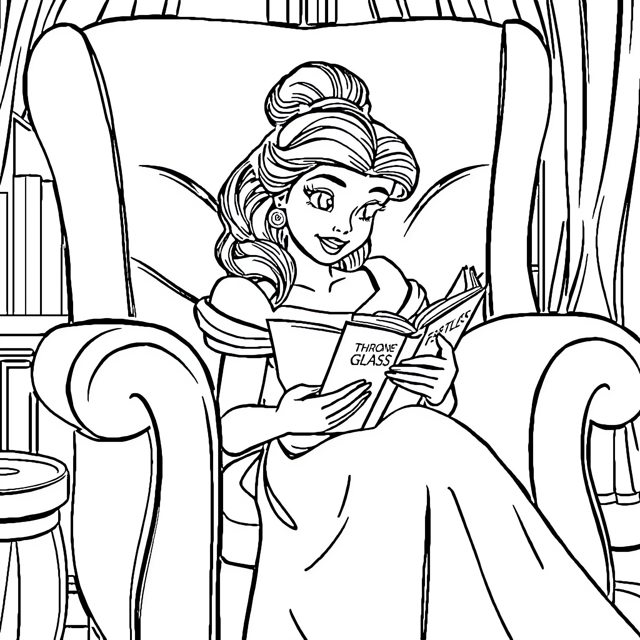 Belle Reading a Book in Peaceful Surroundings Coloring Page (free black-and-white line drawing printable PDF for all, from beginners to advanced learners, including children, teens, adults, and seniors)