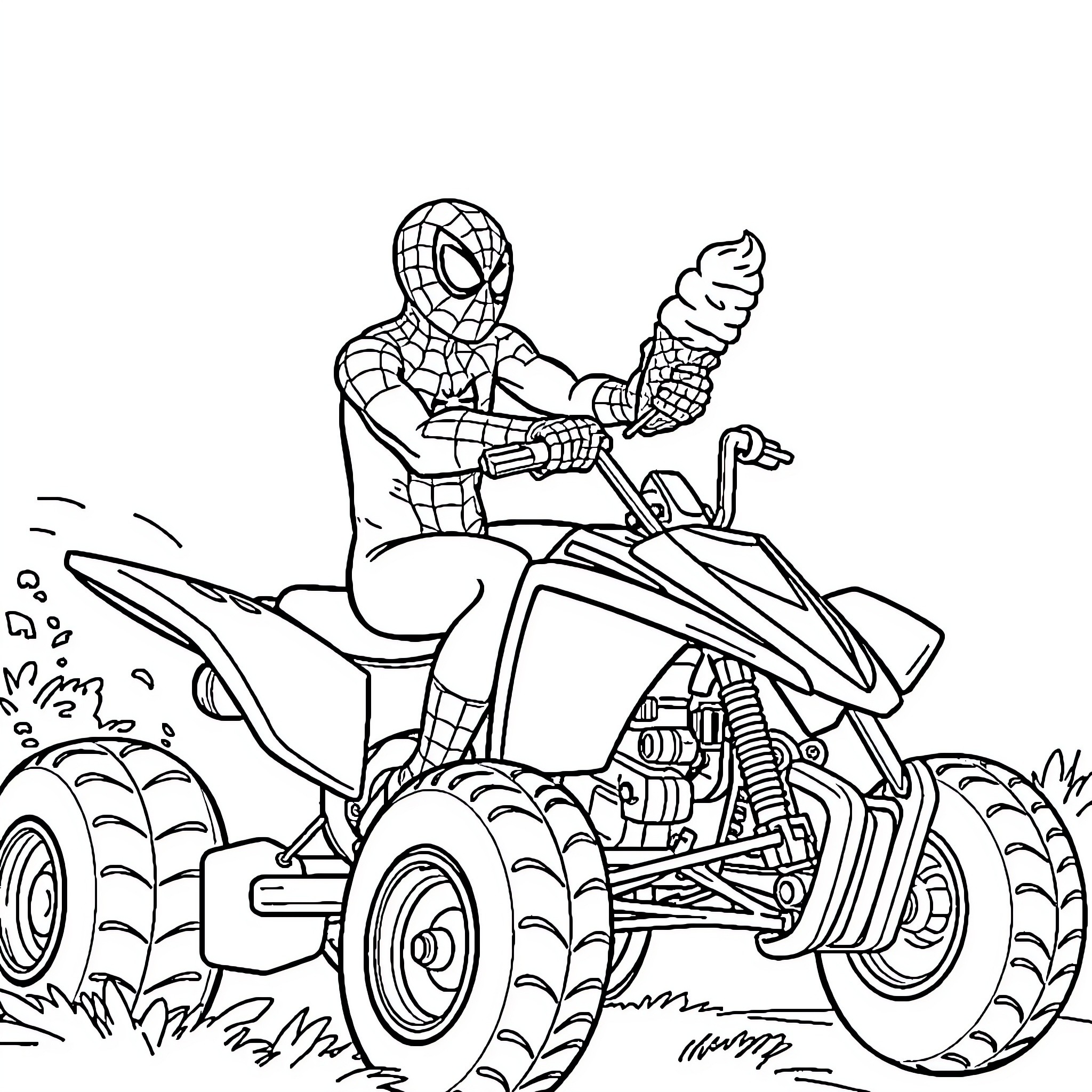 Spiderman riding an all-terrain vehicle with excitement Coloring Page (free black-and-white line drawing printable PDF for all, from beginners to advanced learners, including children, teens, adults, and seniors)
