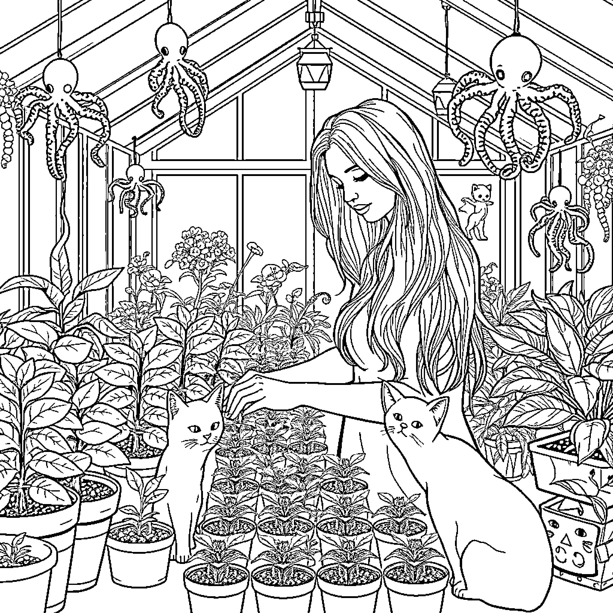 Woman tending to plants and pets in greenhouse Coloring Page (free black-and-white line drawing printable PDF for all, from beginners to advanced learners, including children, teens, adults, and seniors)