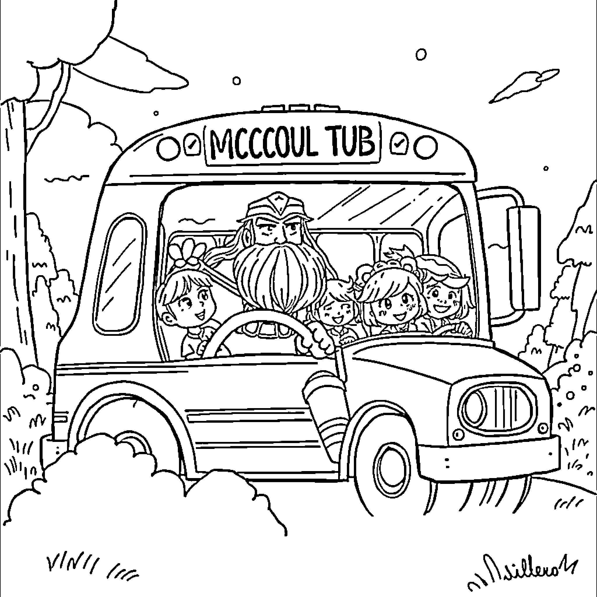 Thor and Companions on a Bus Adventure Coloring Page (free black-and-white line drawing printable PDF for all, from beginners to advanced learners, including children, teens, adults, and seniors)
