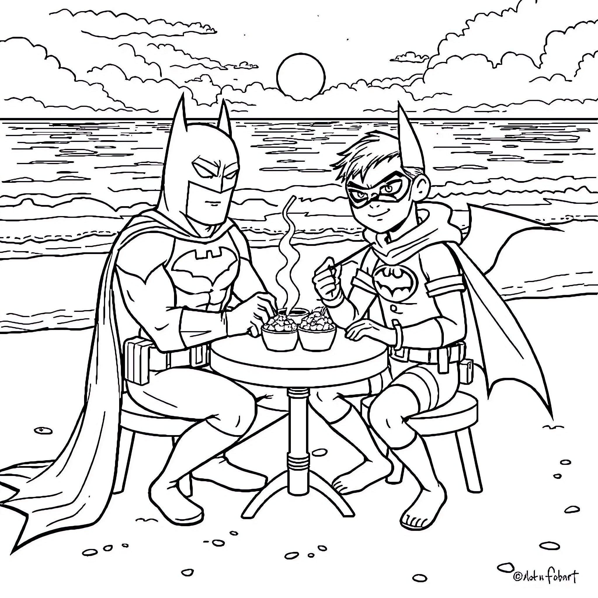 Batman and Robin enjoying a beach picnic Coloring Page (free black-and-white line drawing printable PDF for all, from beginners to advanced learners, including children, teens, adults, and seniors)