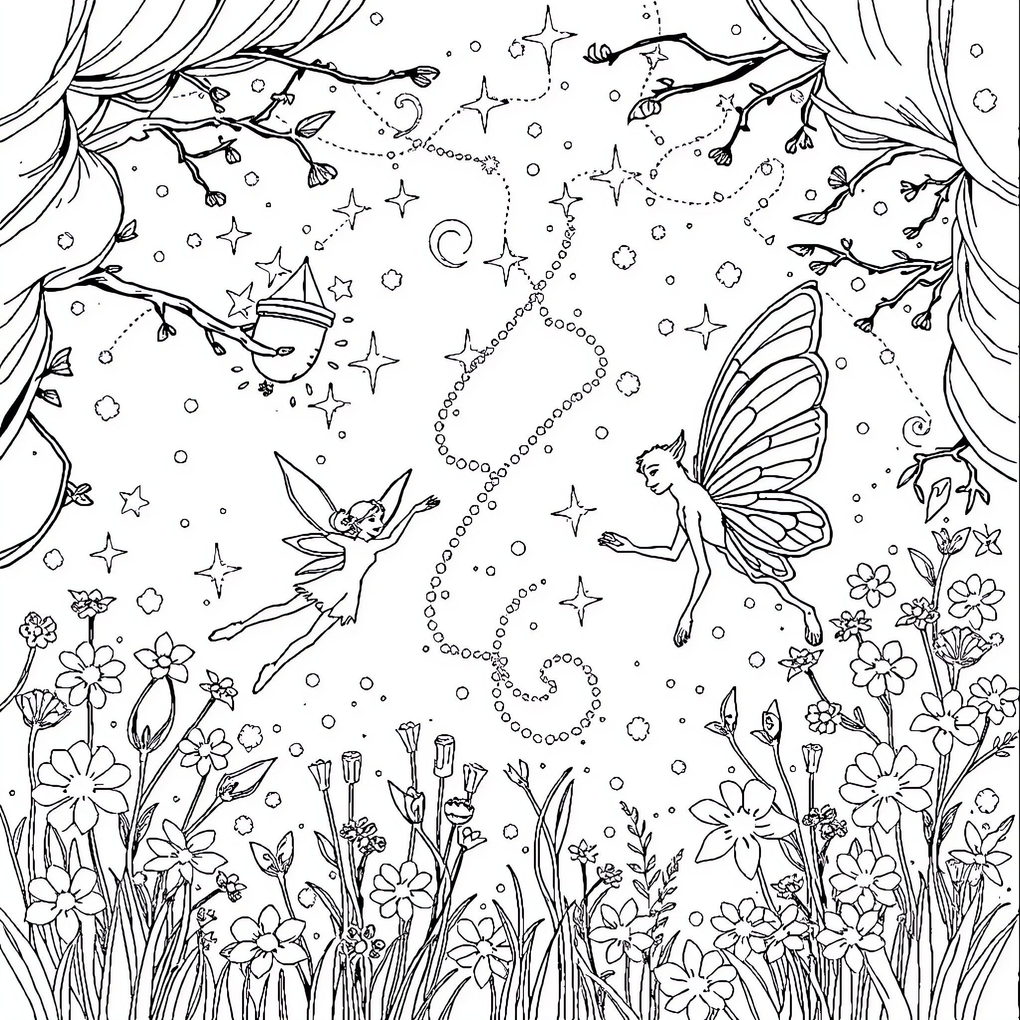 Fairy Enchantment: Whimsical Scenes and Delightful Creatures Coloring Page (free black-and-white line drawing printable PDF for all, from beginners to advanced learners, including children, teens, adults, and seniors)