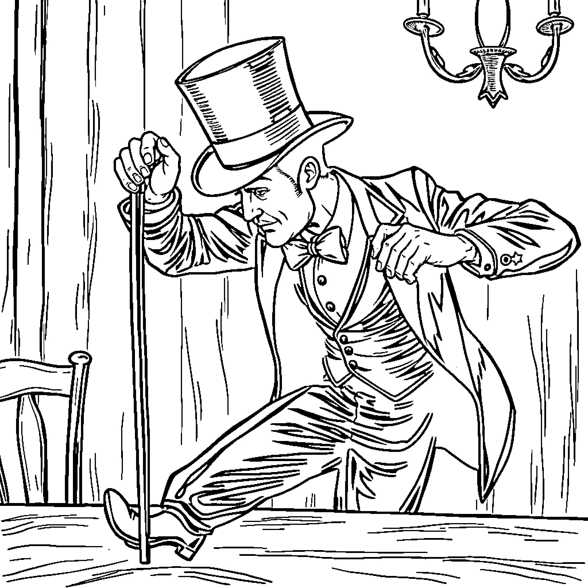 Dapper Man Adjusting His Top Hat in Elegant Abode Coloring Page (free black-and-white line drawing printable PDF for all, from beginners to advanced learners, including children, teens, adults, and seniors)