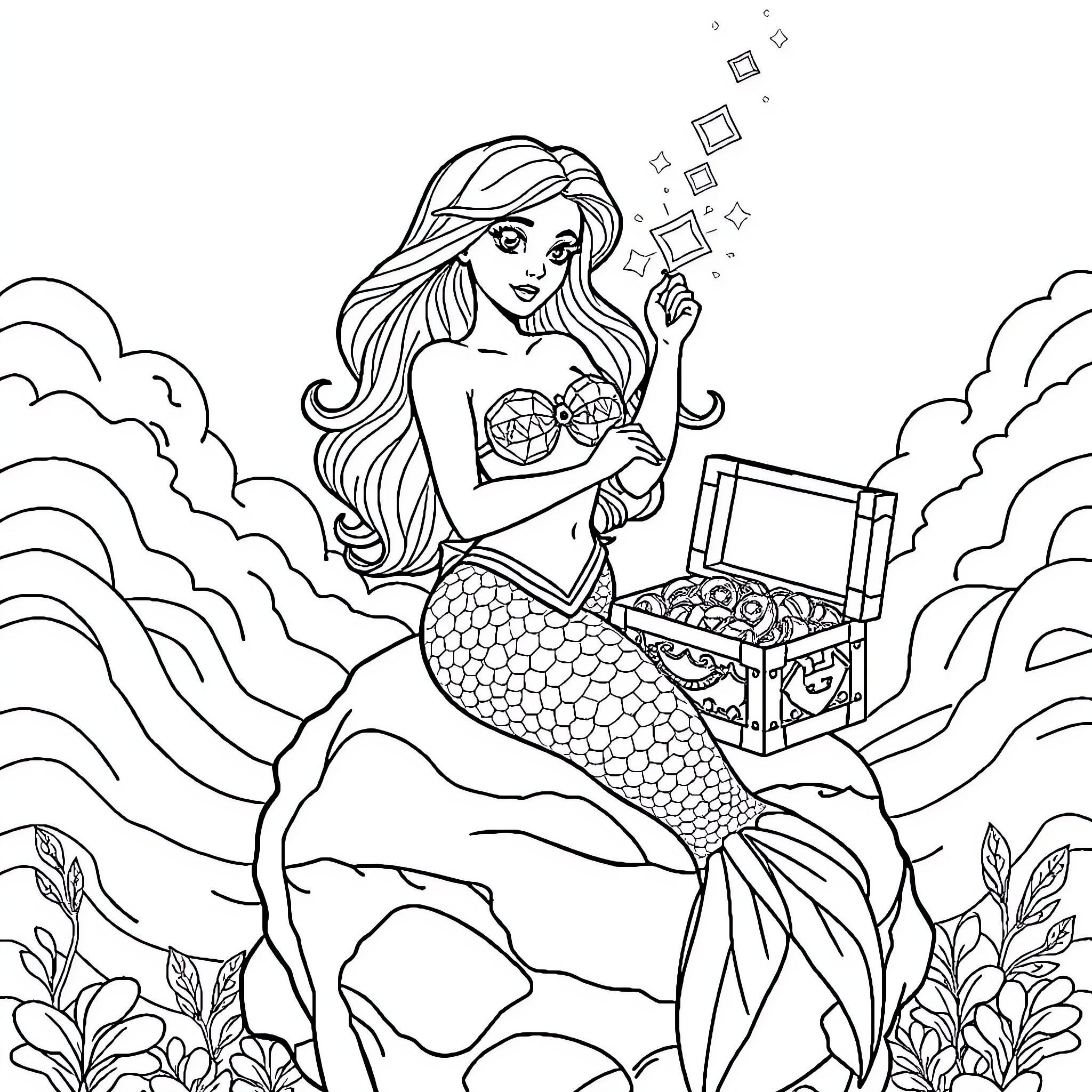 Mermaid Discovering Underwater Treasure Coloring Page (free black-and-white line drawing printable PDF for all, from beginners to advanced learners, including children, teens, adults, and seniors)