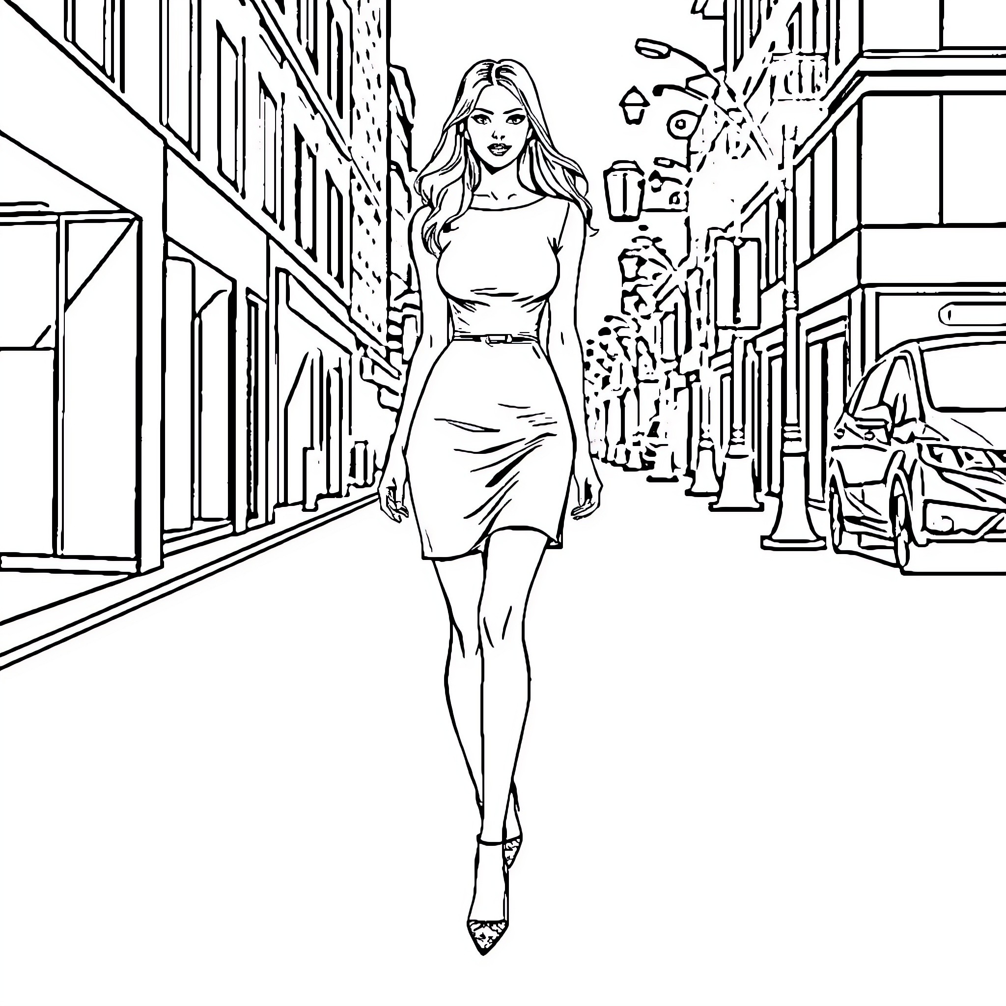 Woman walking confidently on city street Coloring Page (free black-and-white line drawing printable PDF for all, from beginners to advanced learners, including children, teens, adults, and seniors)