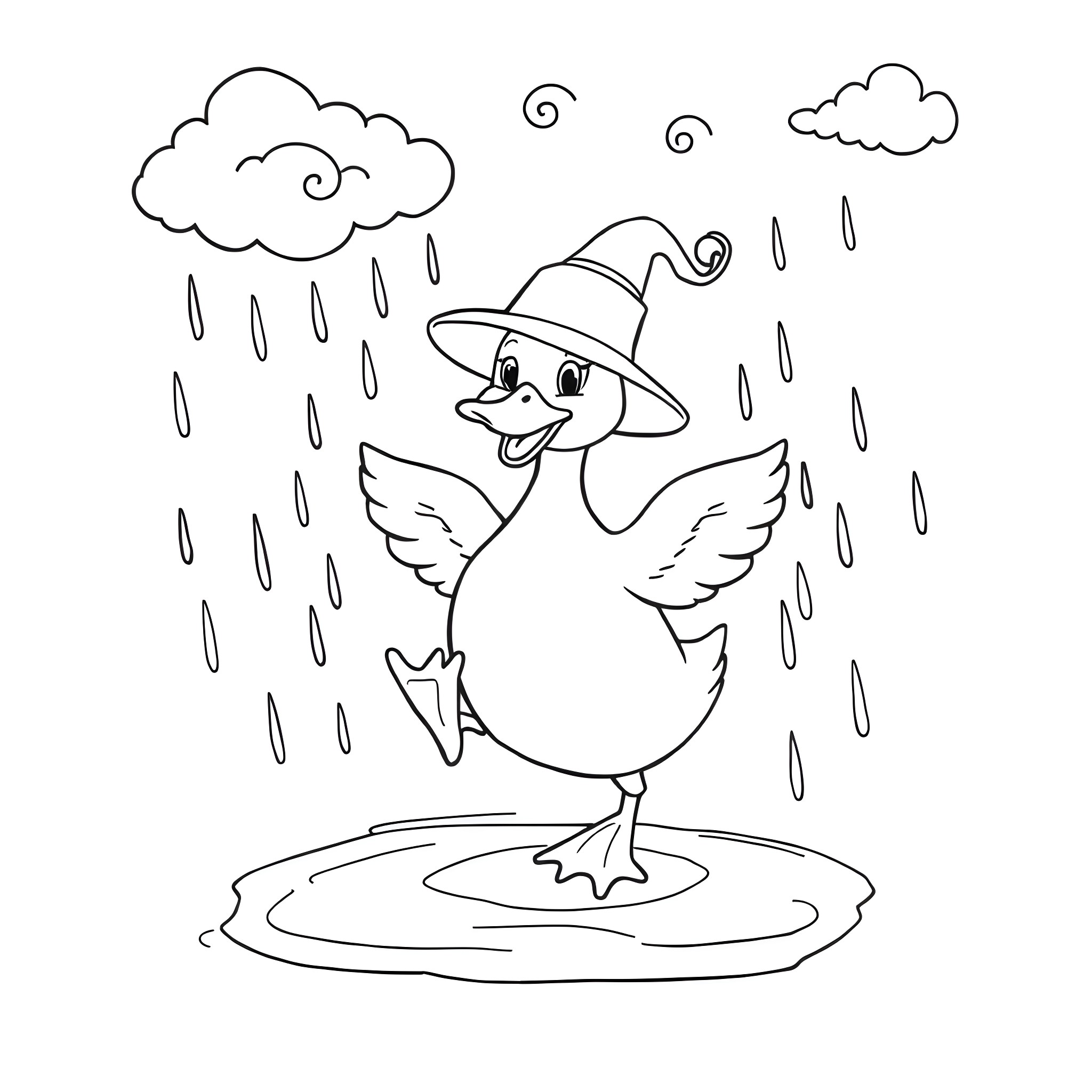 Duck dancing happily in the rain Coloring Page (free black-and-white line drawing printable PDF for all, from beginners to advanced learners, including children, teens, adults, and seniors)