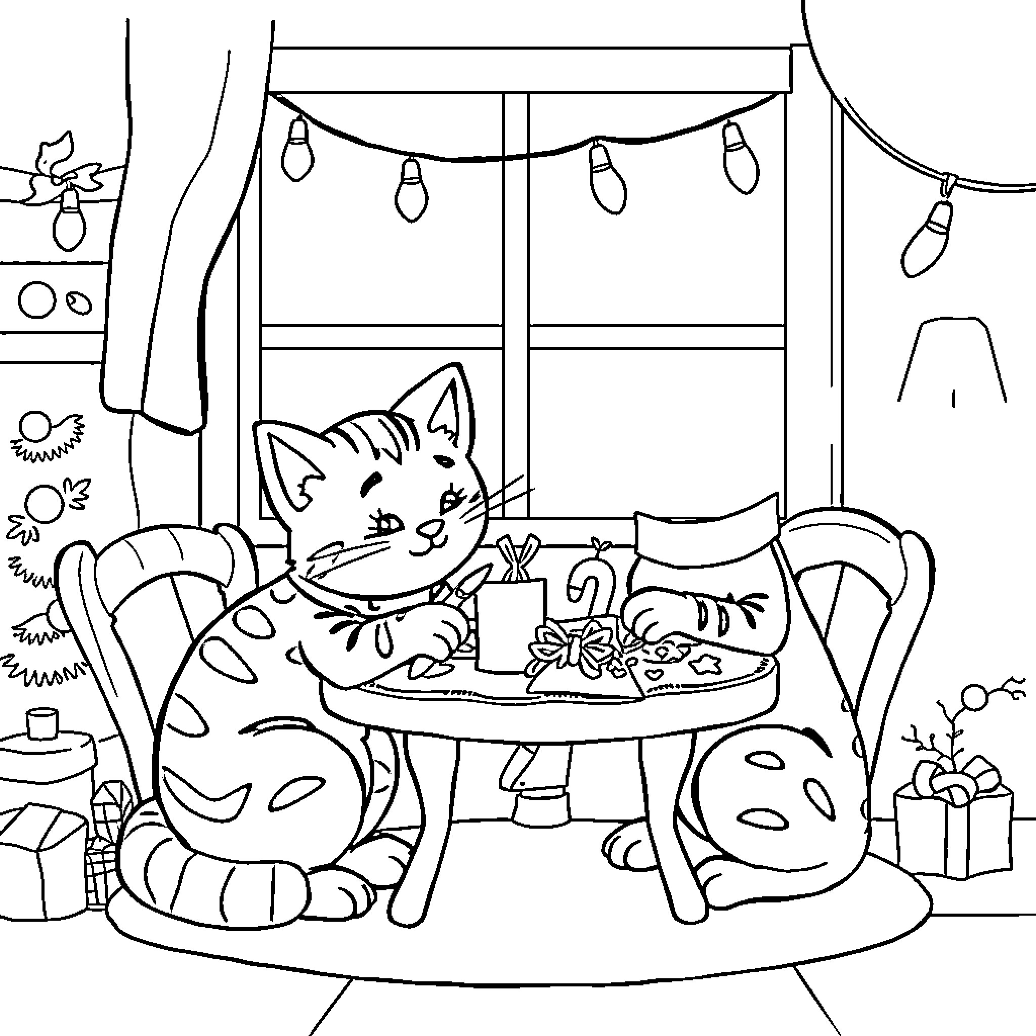 Wildcat enjoying cozy holiday scene Coloring Page (free black-and-white line drawing printable PDF for all, from beginners to advanced learners, including children, teens, adults, and seniors)