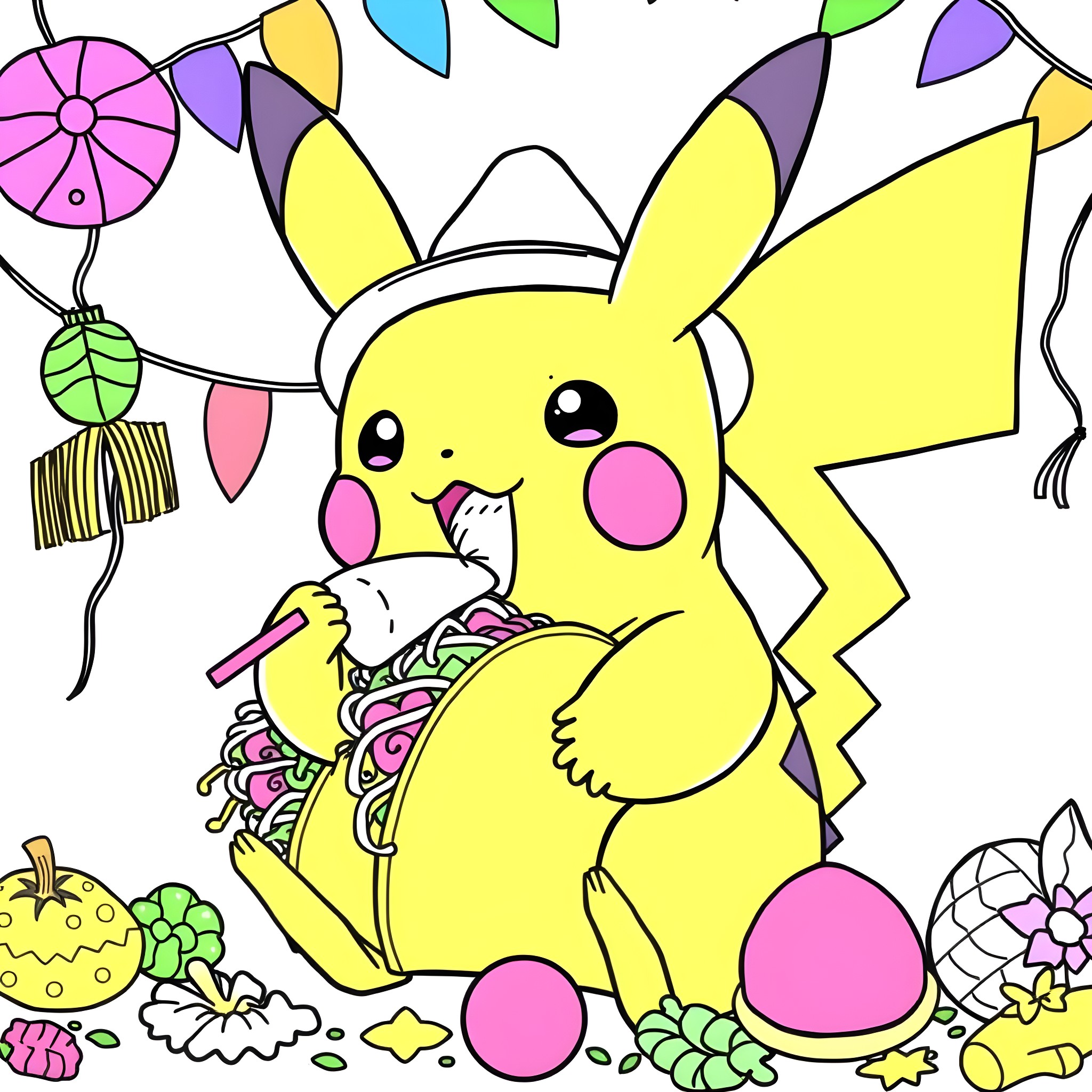 Pikachu enjoying a colorful festival Coloring Page (free black-and-white line drawing printable PDF for all, from beginners to advanced learners, including children, teens, adults, and seniors)
