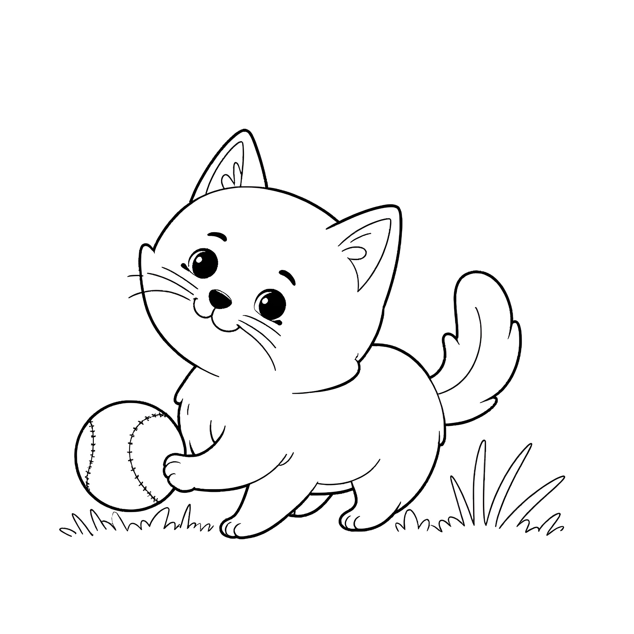 Cat playing with ball on grassy field Coloring Page (free black-and-white line drawing printable PDF for all, from beginners to advanced learners, including children, teens, adults, and seniors)