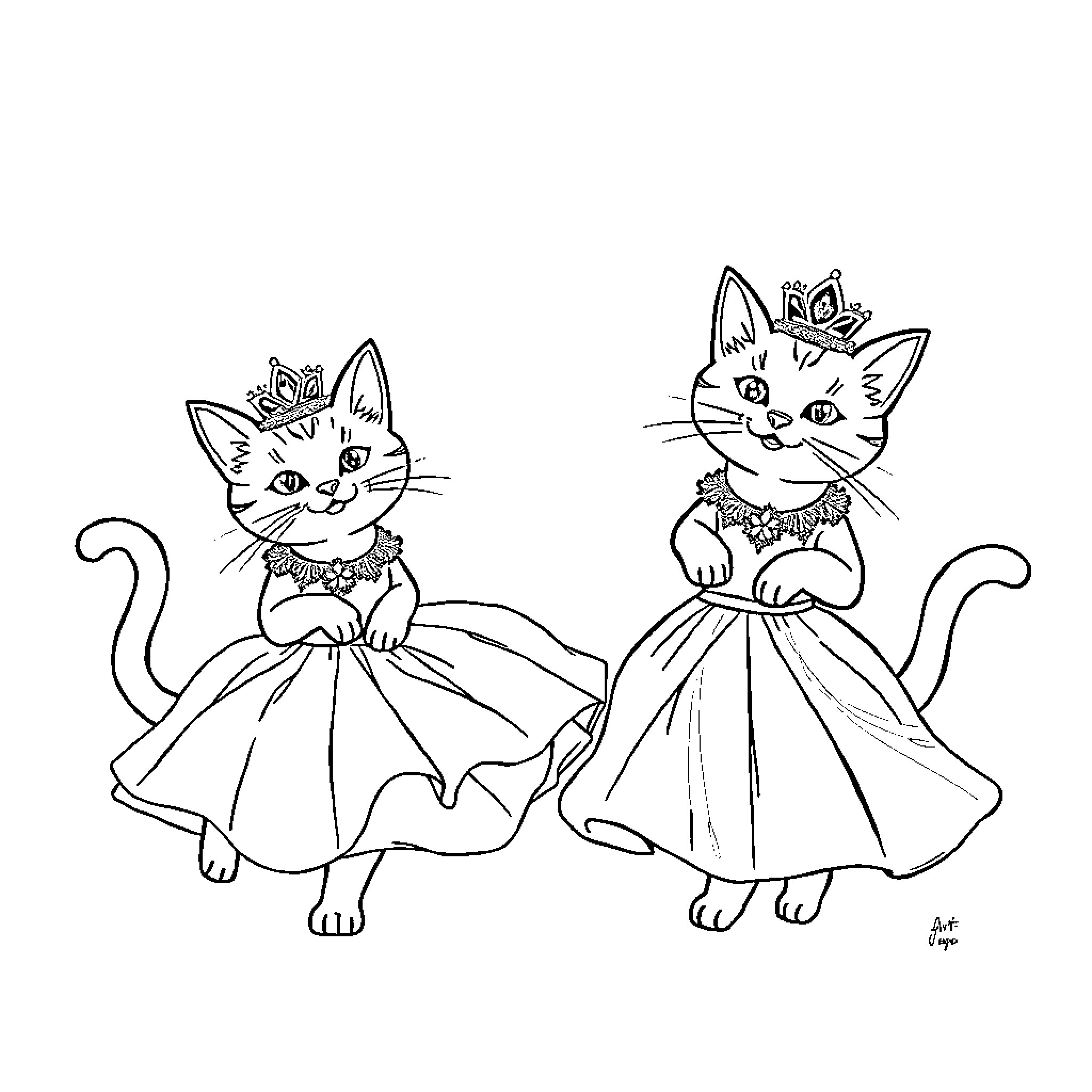Cats in Fancy Dresses Coloring Page (free black-and-white line drawing printable PDF for all, from beginners to advanced learners, including children, teens, adults, and seniors)