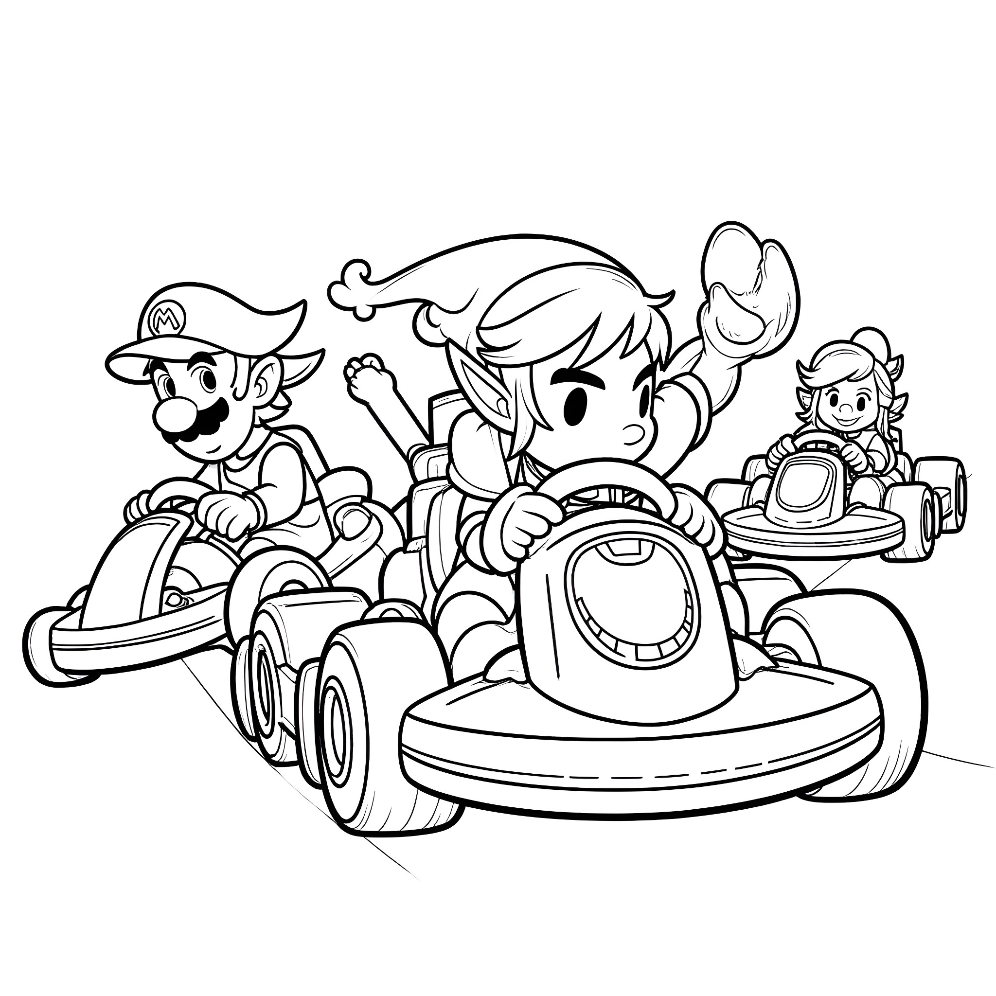 Link to fun racing adventure with friends Coloring Page (free black-and-white line drawing printable PDF for all, from beginners to advanced learners, including children, teens, adults, and seniors)