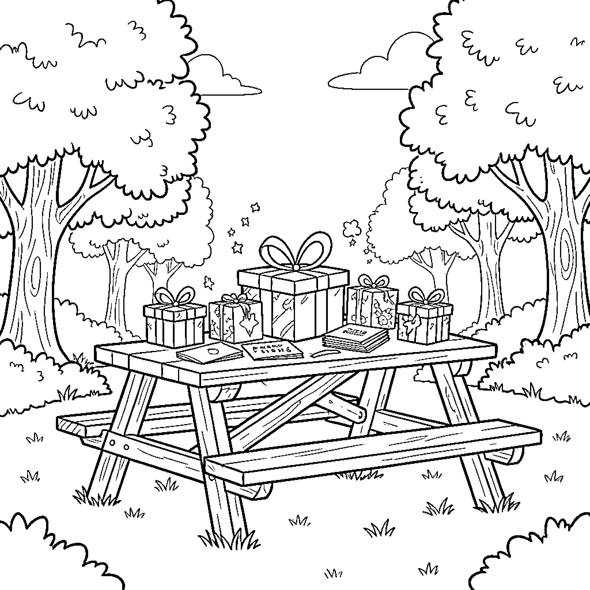 Father preparing gifts on a wooden picnic table Coloring Page (free black-and-white line drawing printable PDF for all, from beginners to advanced learners, including children, teens, adults, and seniors)