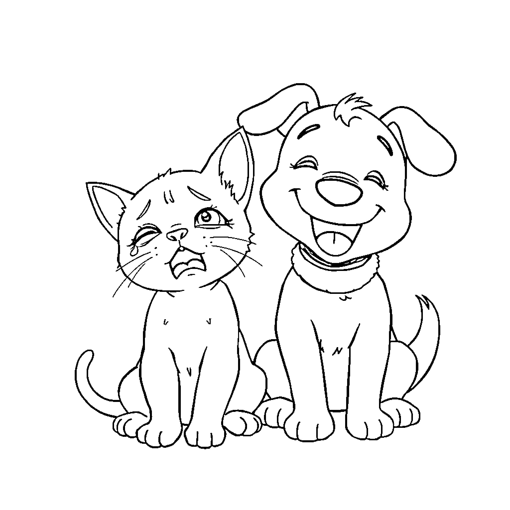 Cat and dog friends having fun together Coloring Page (free black-and-white line drawing printable PDF for all, from beginners to advanced learners, including children, teens, adults, and seniors)
